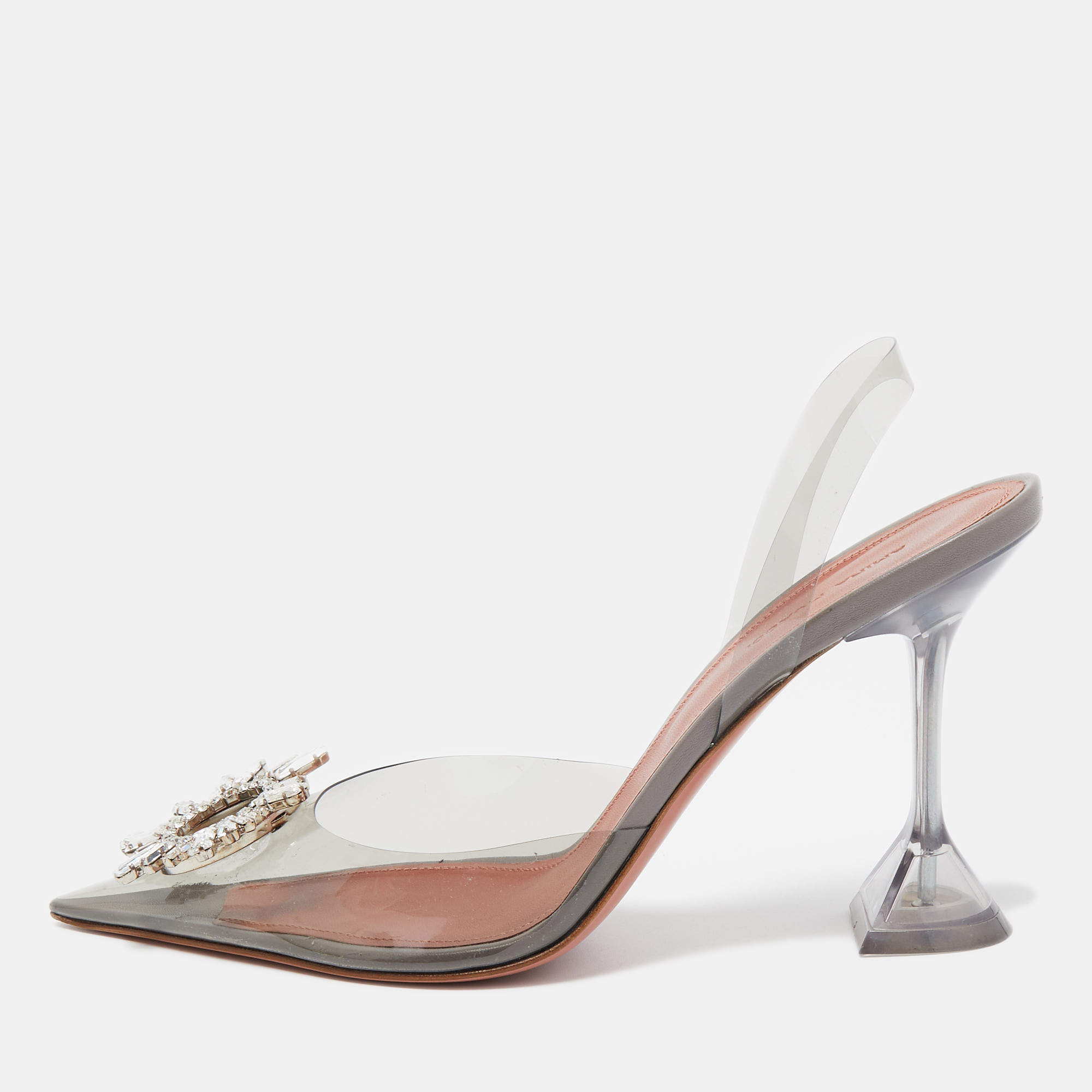 Pre Owned Amina Muaddi Transparent PVC Begum Crystal Embellished Slingback Pumps Size 41