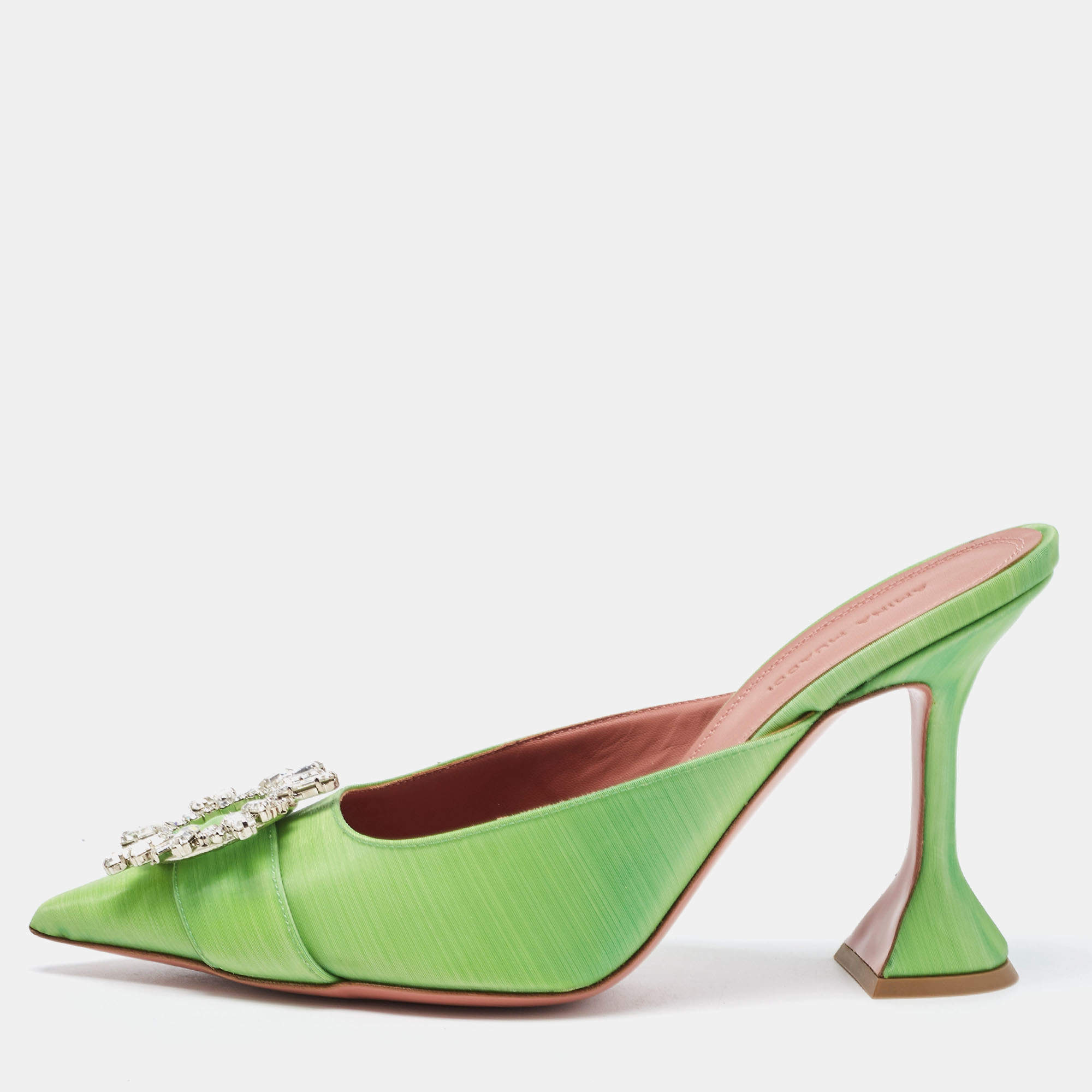 Pre Owned Amina Muaddi Green Vinyl Begum Crystal Embellished Mules Size 39