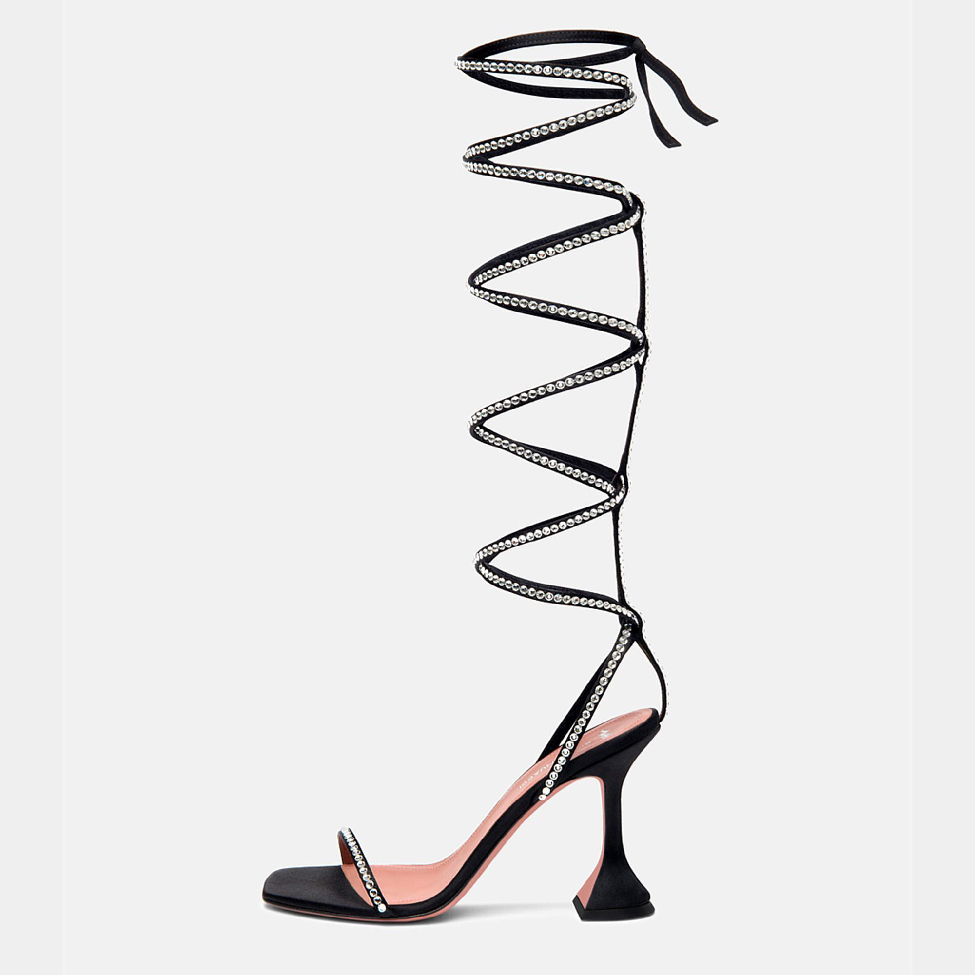 Pre Owned Amina Muaddi Black Satin Crystal Embellished Ankle Wrap Sandals Size 39.5