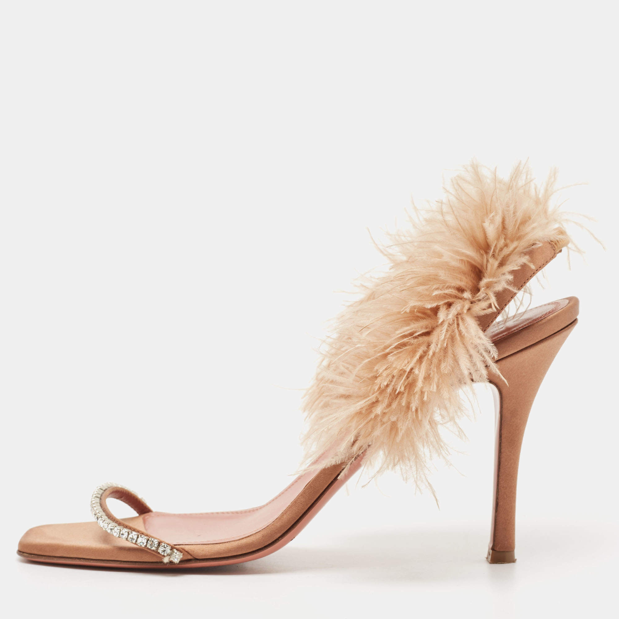 Pre Owned Amina Muaddi Brown Satin and Fur Adwoa Ankle Strap Sandals Size 42