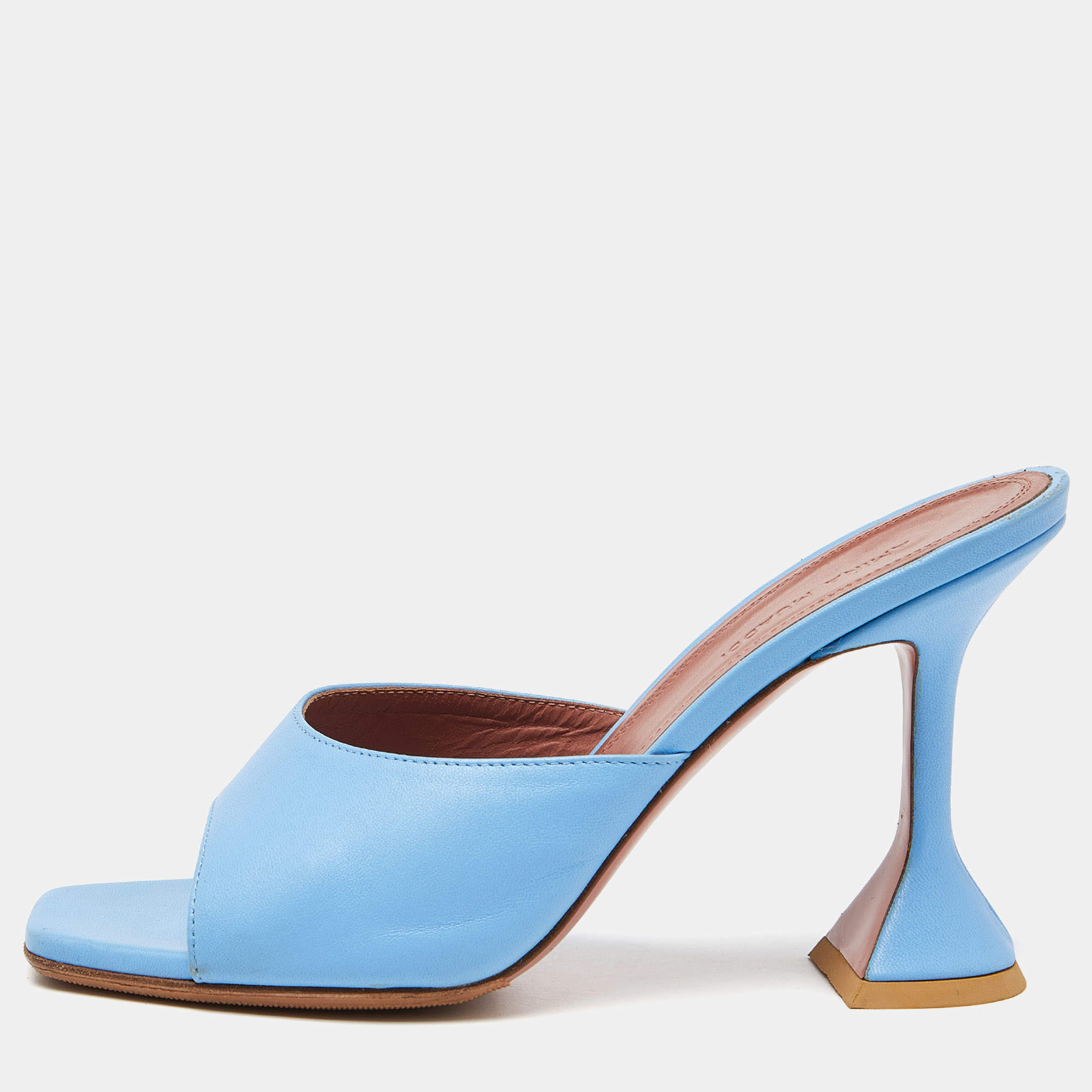 Amina Muaddi Blue Leather Lupita Slide Sandals Size 38