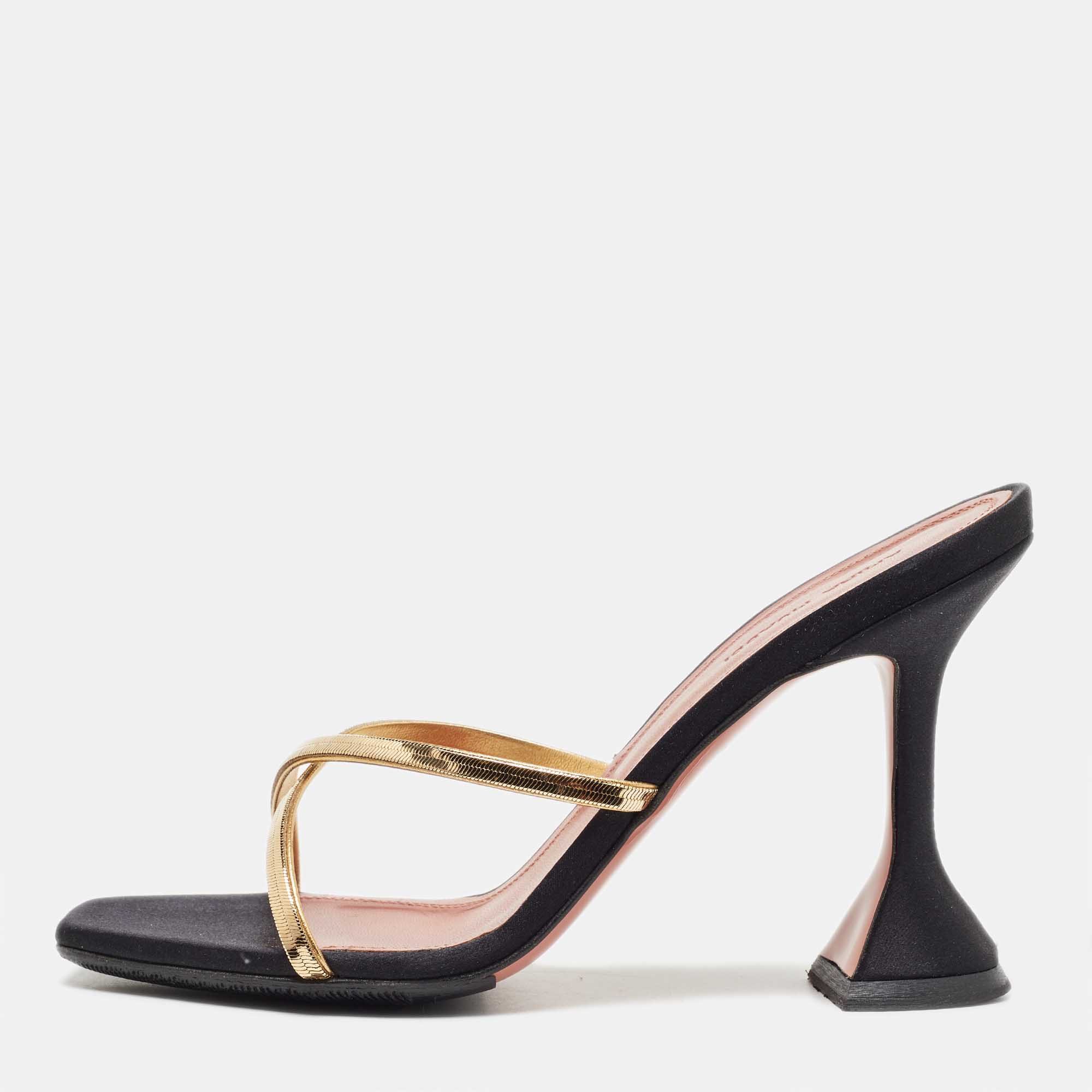 Amina Muaddi Black Satin Naima Slide Sandals Size 38