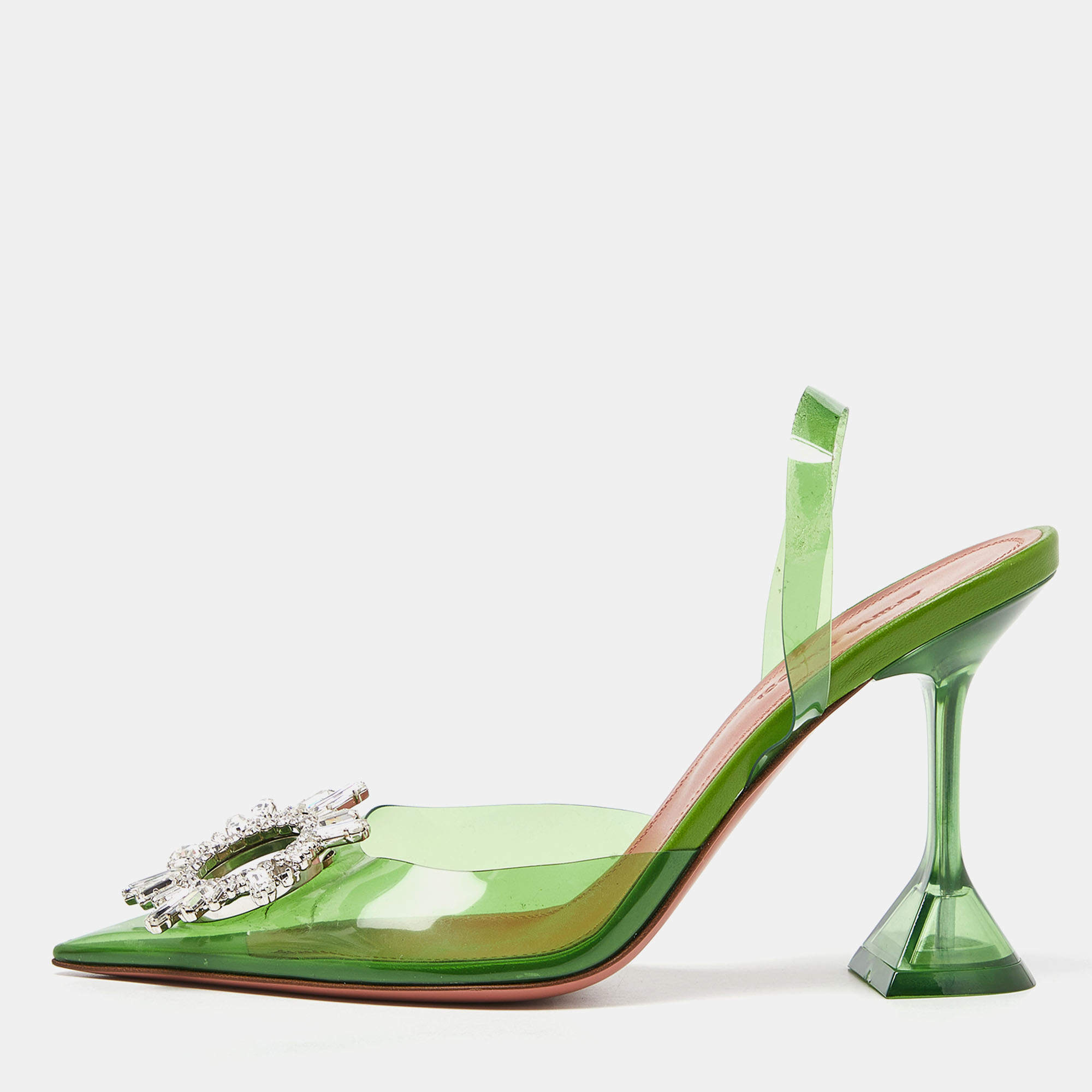 Pre Owned Amina Muaddi Green PVC Begum Crystal Embellished Slingback Pumps Size 37