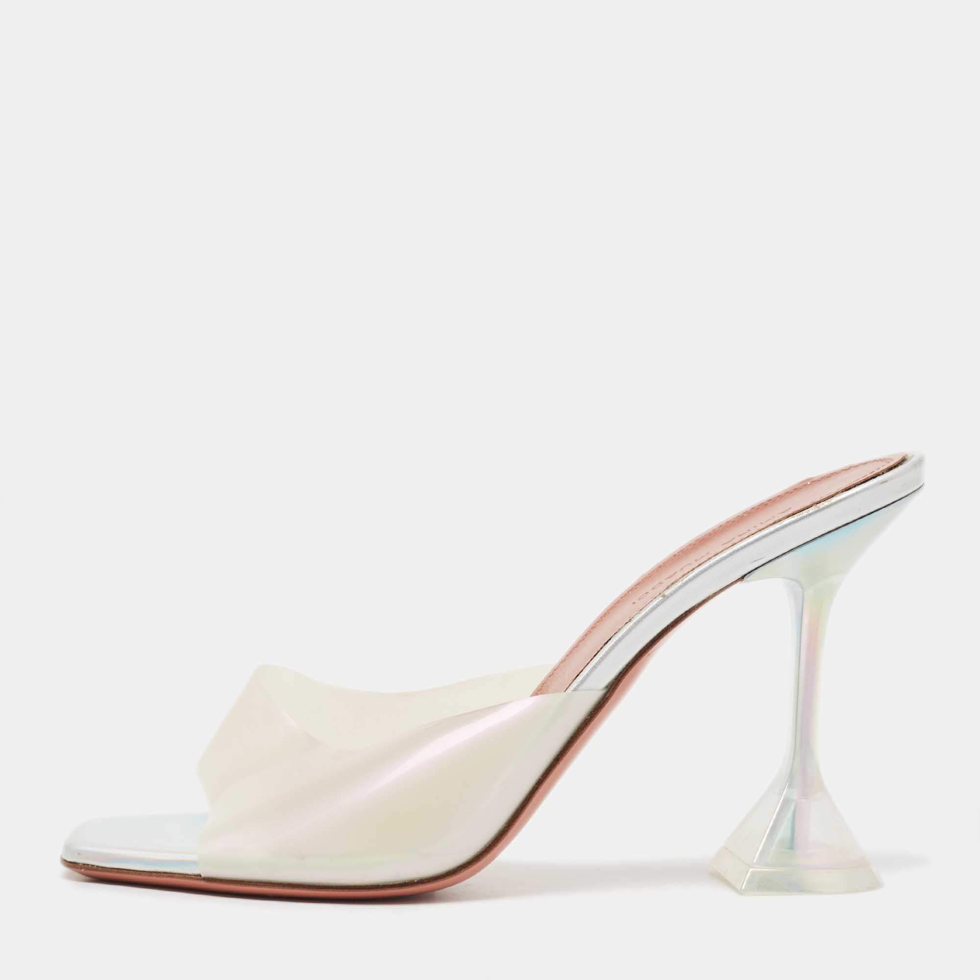 Pre Owned Amina Muaddi Transparent/Silver PVC Lupita Sandals Size 38