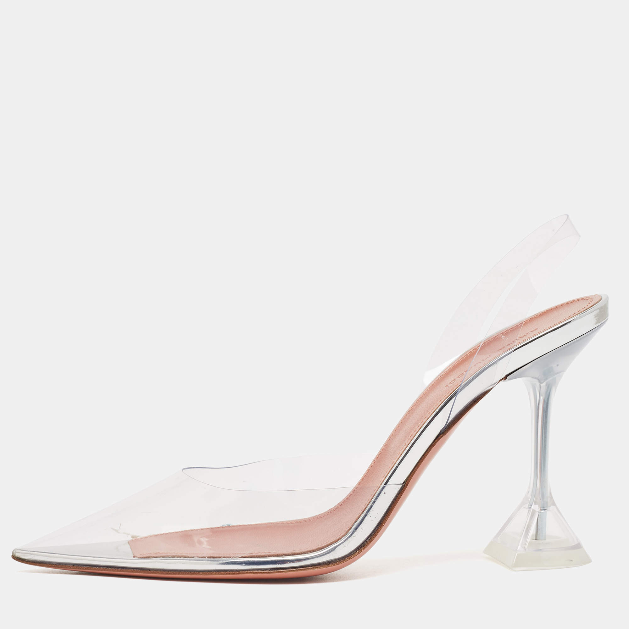 Amina Muaddi Transparent PVC Holli Glass Pointed Toe Slingback Pumps Size 39