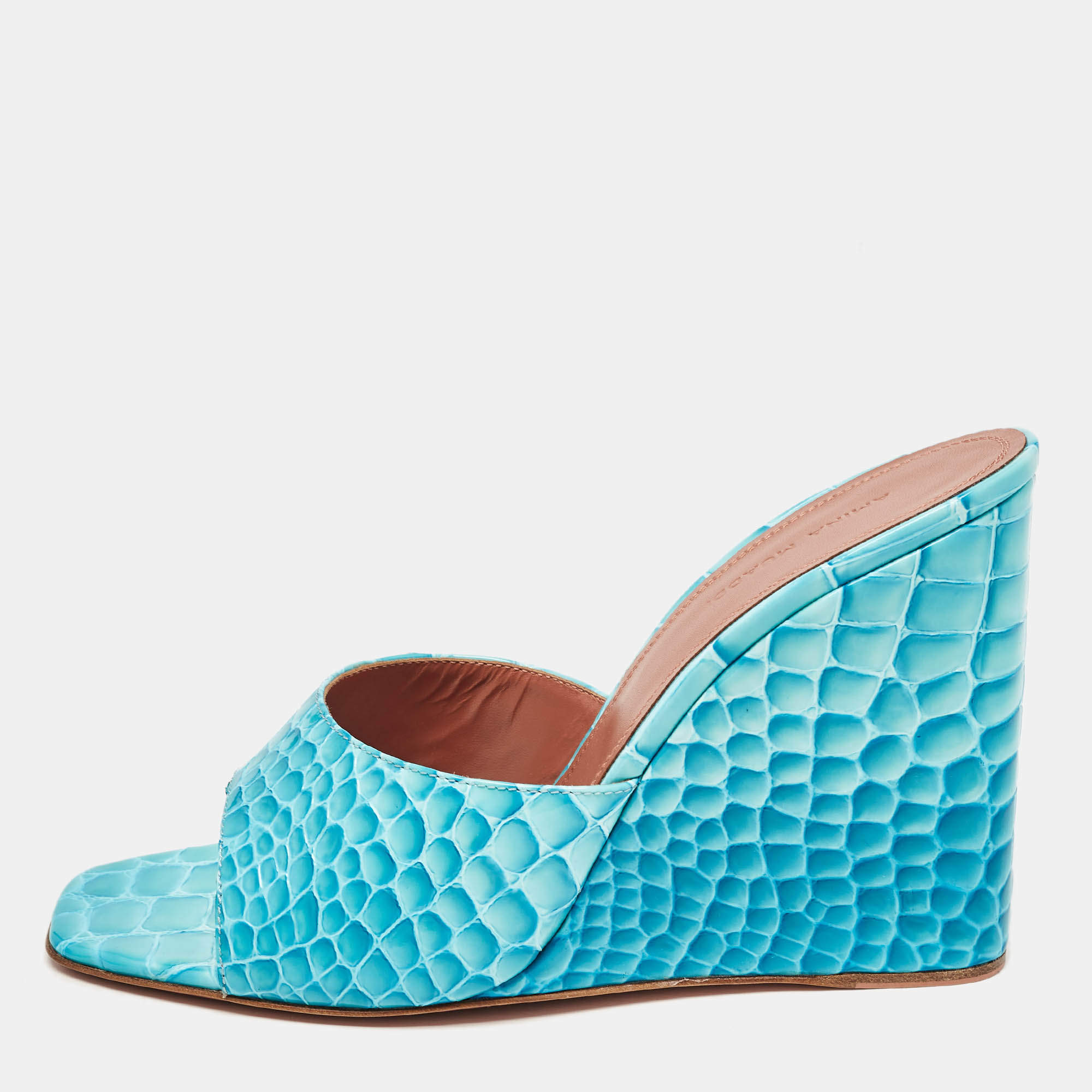 Amina Muaddi Teal Croc Patent Embossed Leather Lupita Wedge Slide Sandals Size 40