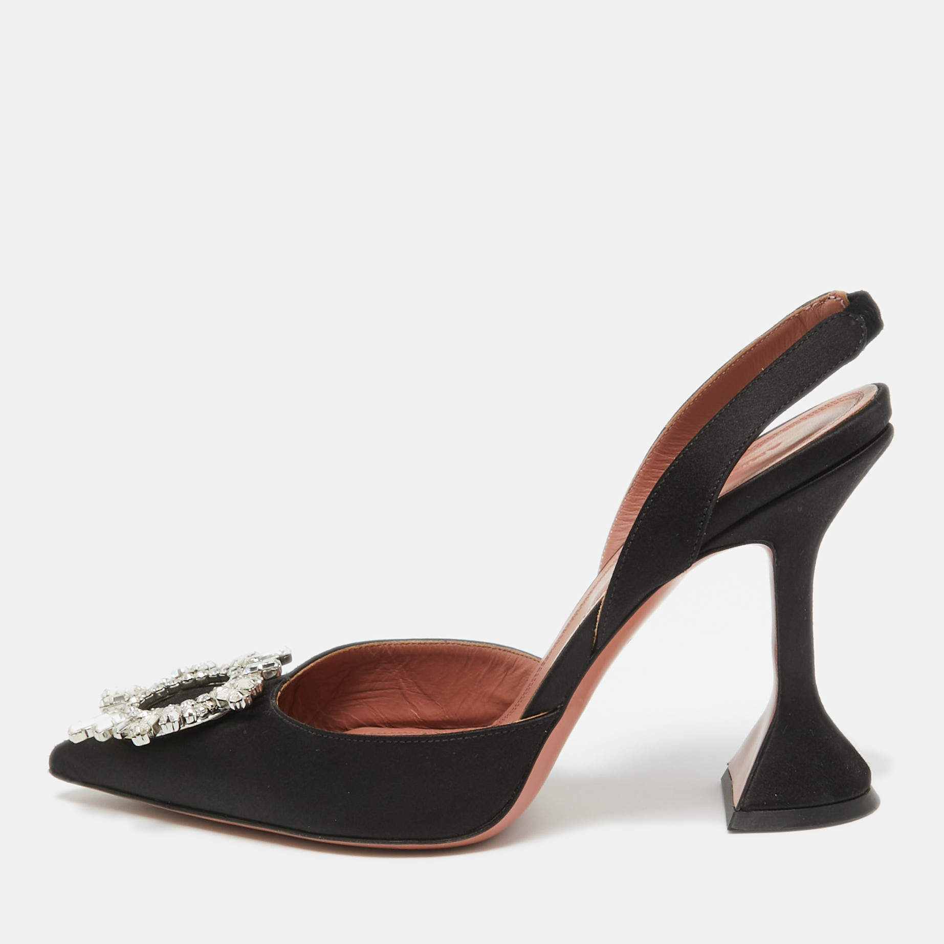 Pre Owned Amina Muaddi Black Satin Begum Slingback Pumps Size 38