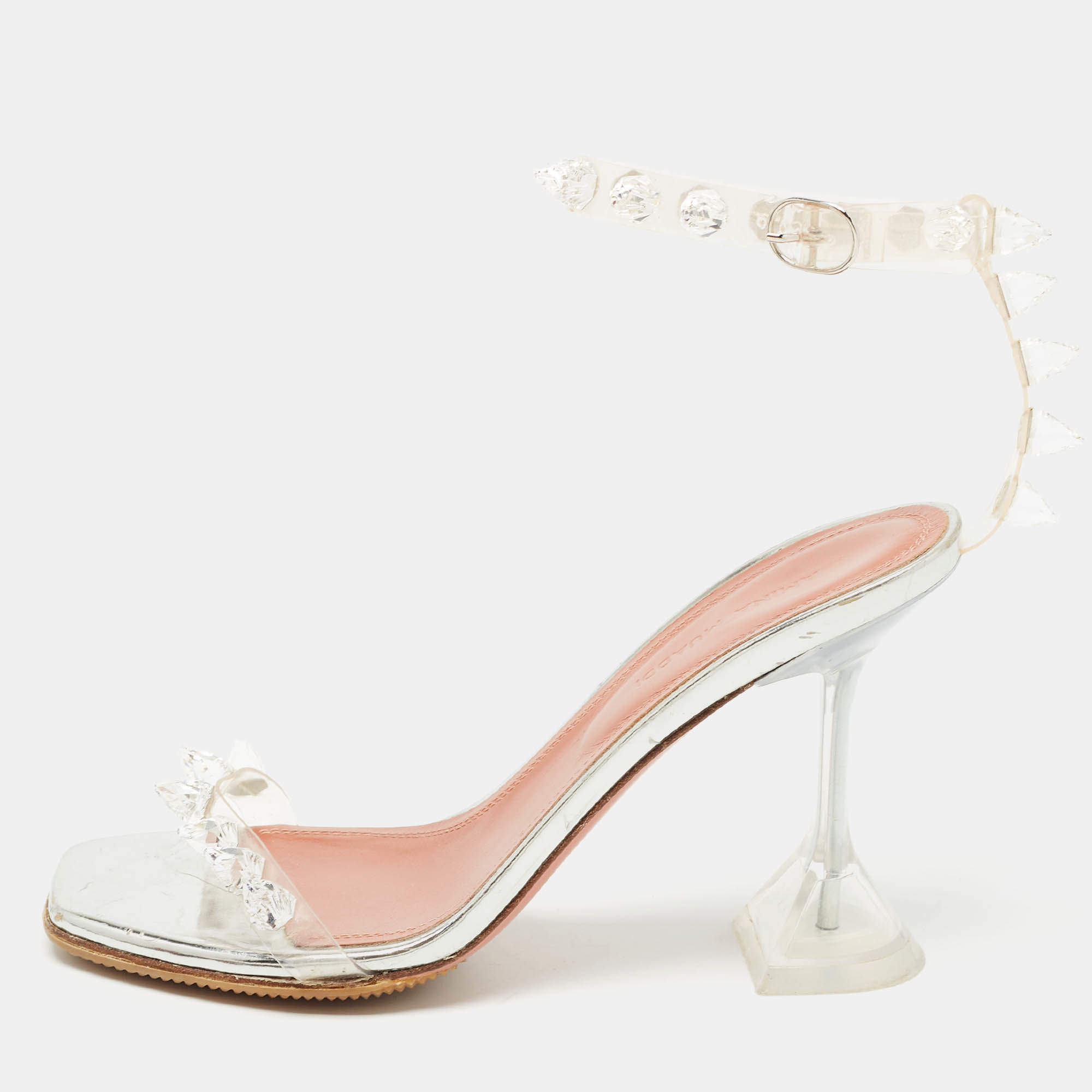 Pre Owned Amina Muaddi Transparent  PVC Julia Crystal Embellished Ankle Strap Sandals Size 35