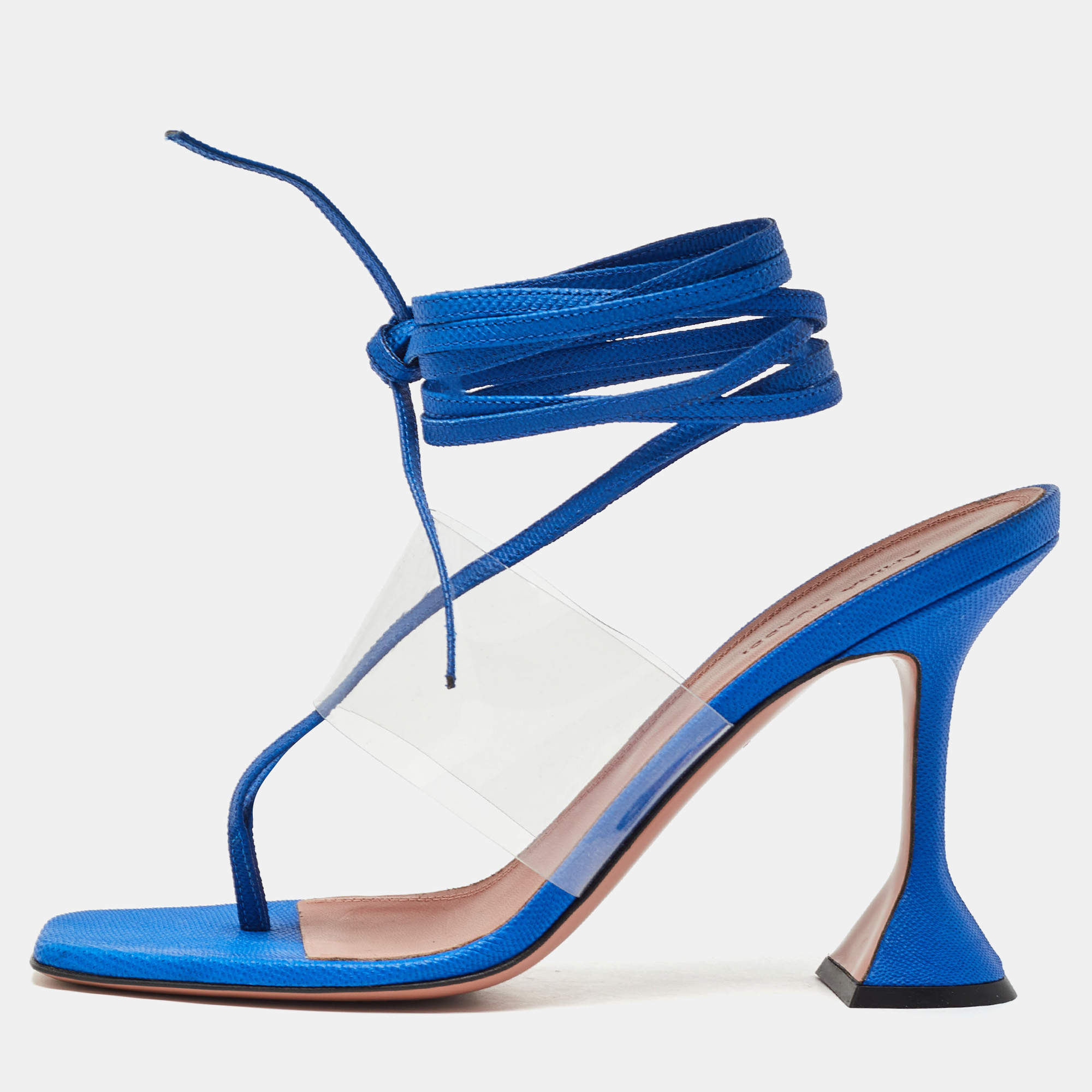 Amina Muaddi Blue Snakeskin Embossed Leather and PVC Zula Sandals Size 40