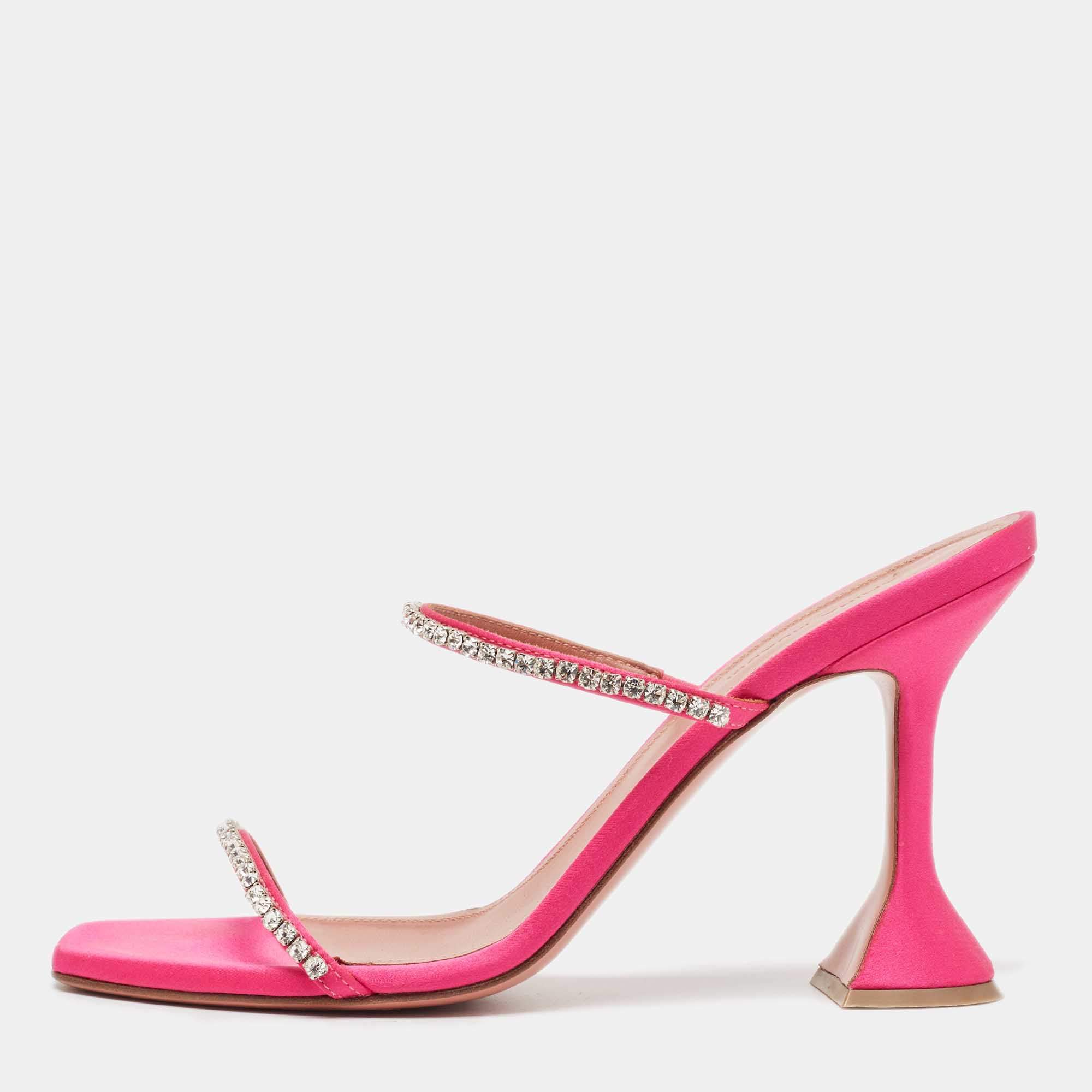 Pre Owned Amina Muaddi Pink Satin Crystal Embellished Gilda Sandals Size 39.5