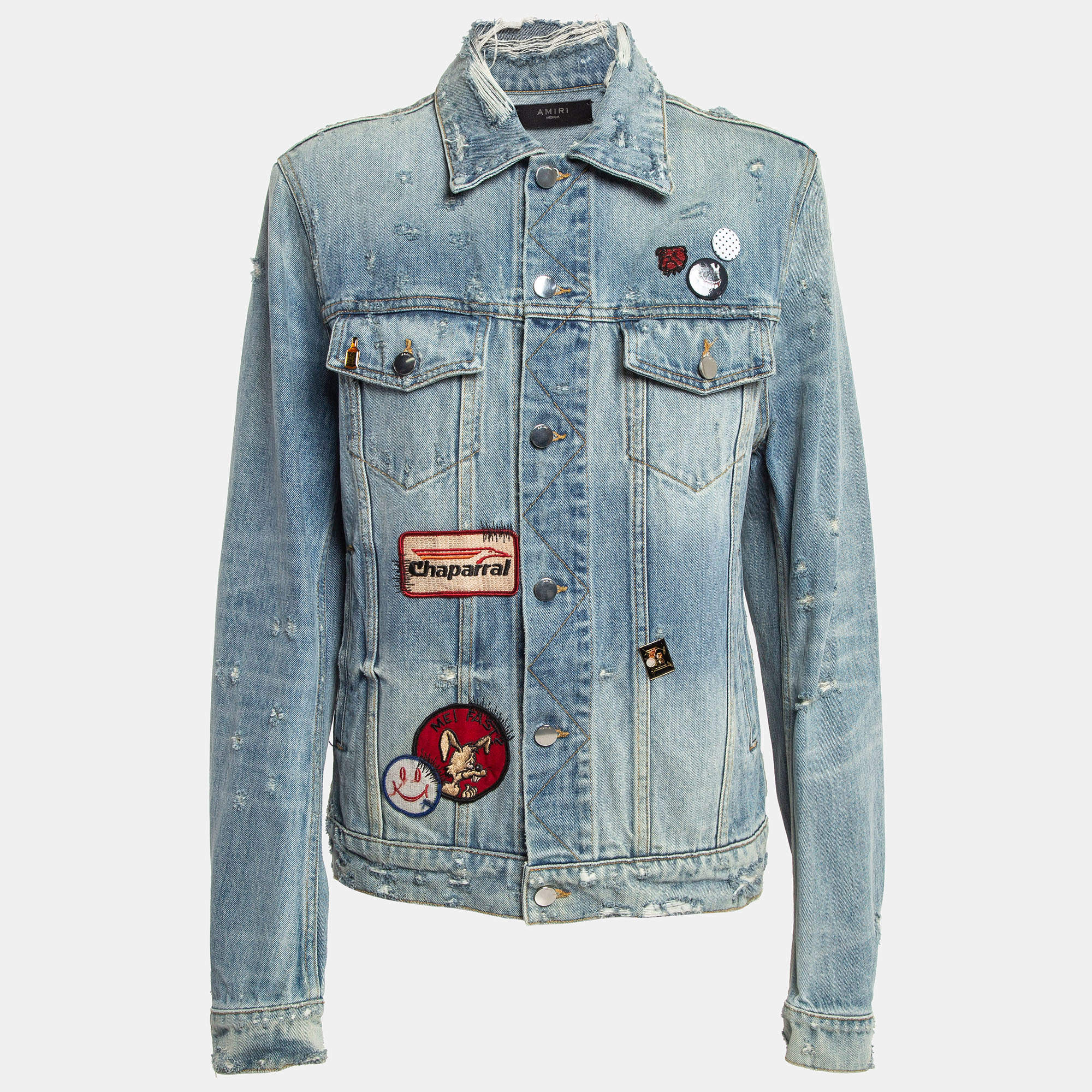 Amiri Blue Distressed Printed Denim Buttoned Front Jacket M