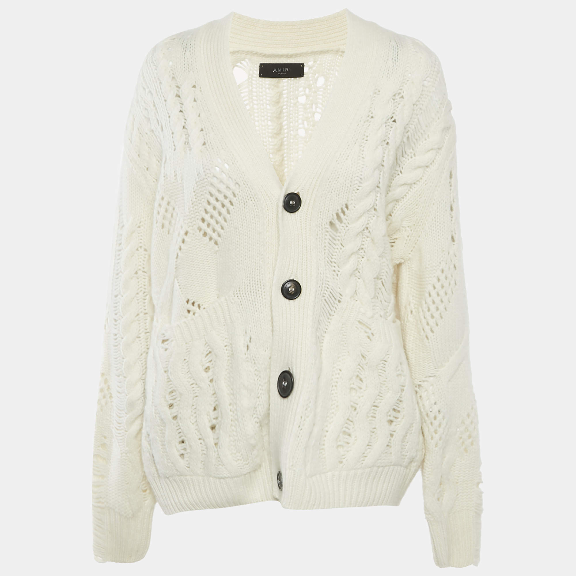 Amiri Off-White Wool and Cashmere Cable Knit Button Front Cardigan XS