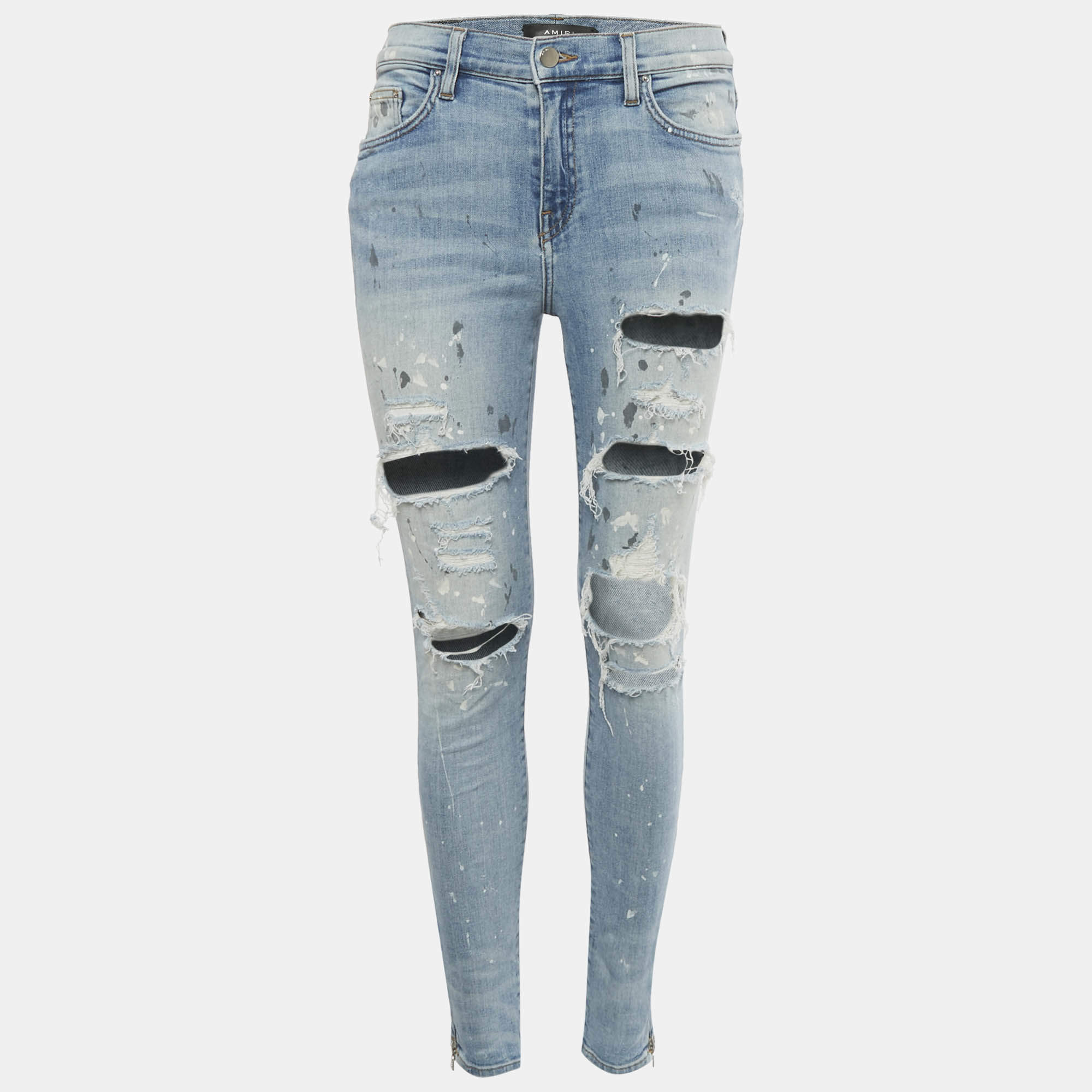 Pre Owned بنطلون جينز ضيق أميـري دينم أزرق مرشوش بالطلاء وممزق مقاس متوسط (ميديام) خصر 29 بوصة