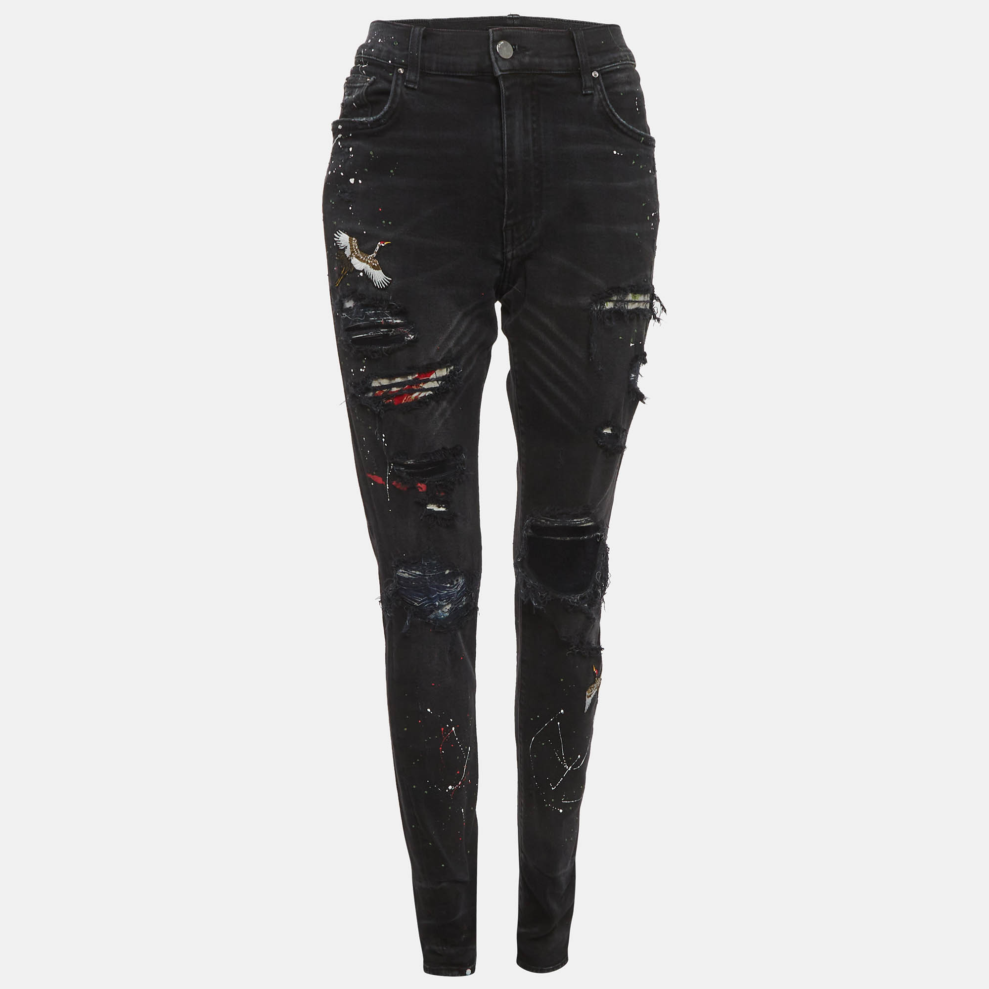 Pre Owned Amiri Black Paint Denim Distressed Jeans L/Waist 32"