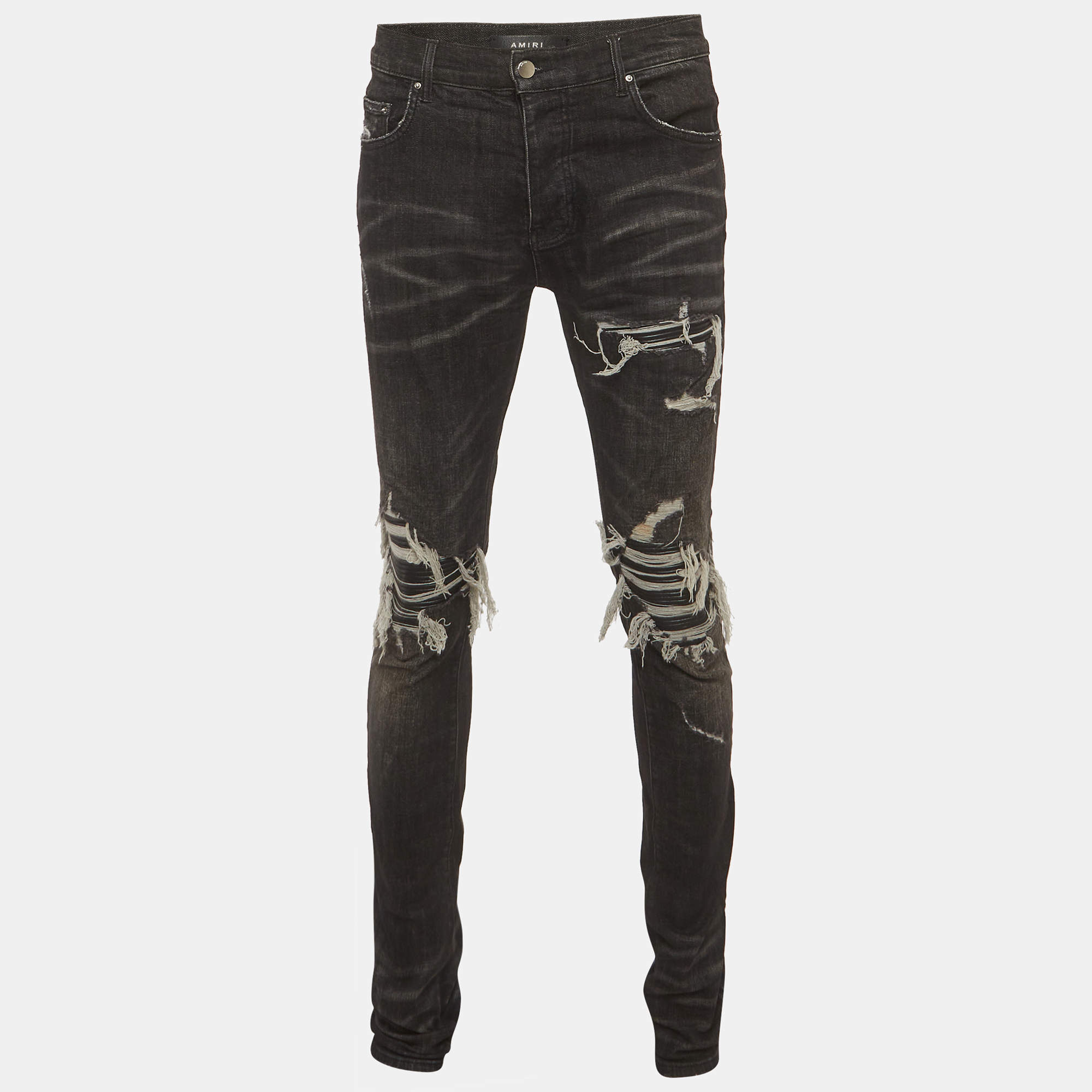 Pre Owned Amiri Black Denim Distressed Skirt Jeans M/Waist 32"