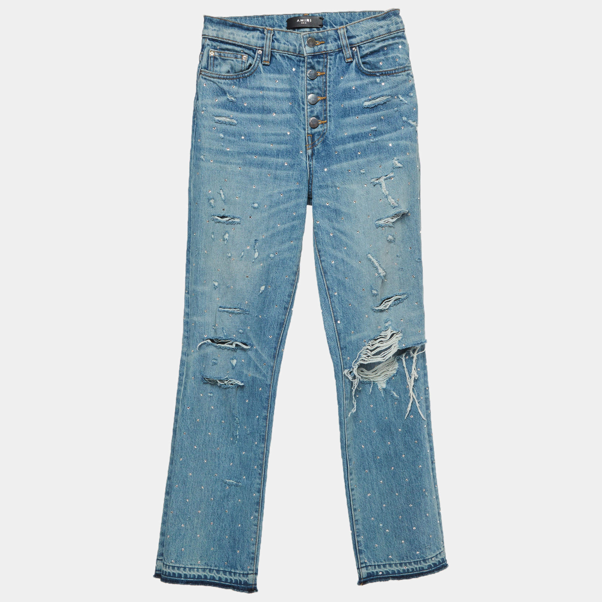 مملوكة مسبقًا بنطلون جينز أميري أزرق ممزق مرصع بأحجار الراين مقاس صغير (سمول) وسط 26 إنش