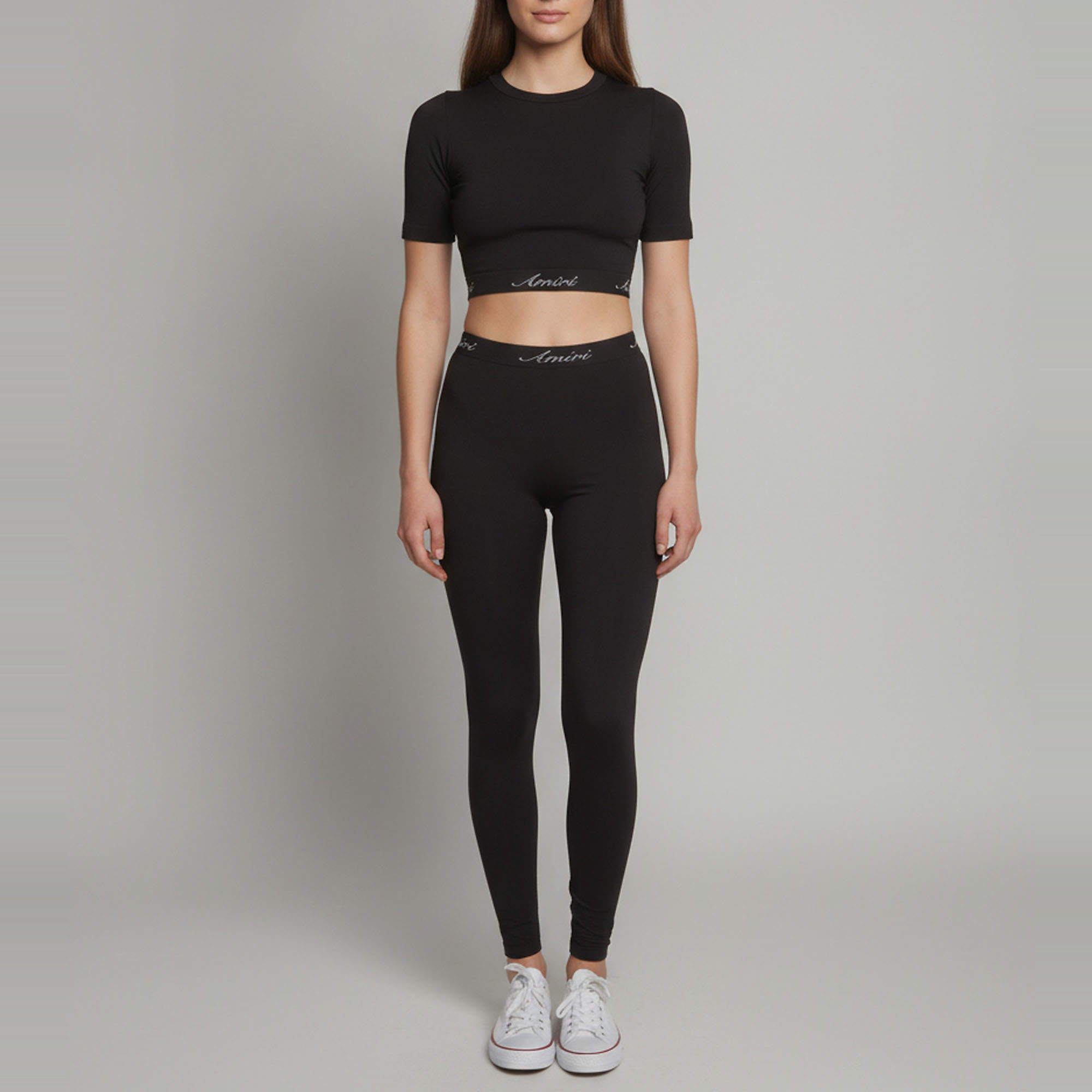 مملوكة مسبقًا Amiri Black Technical Knit Logo Trim Crop Top and Leggings Set XXS