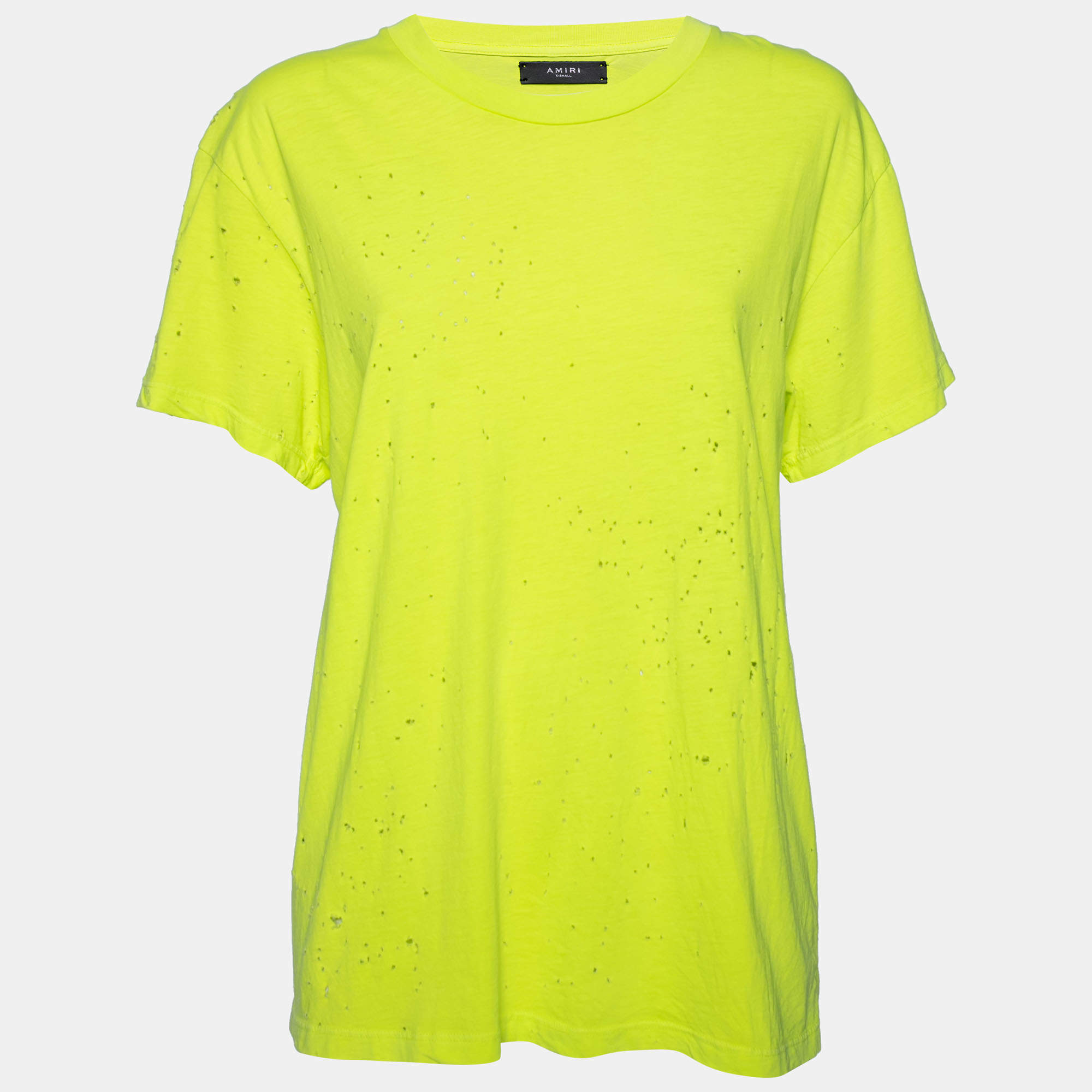 Amiri Neon Green Cotton Distressed Finish Crew Neck Short Sleeve Top S