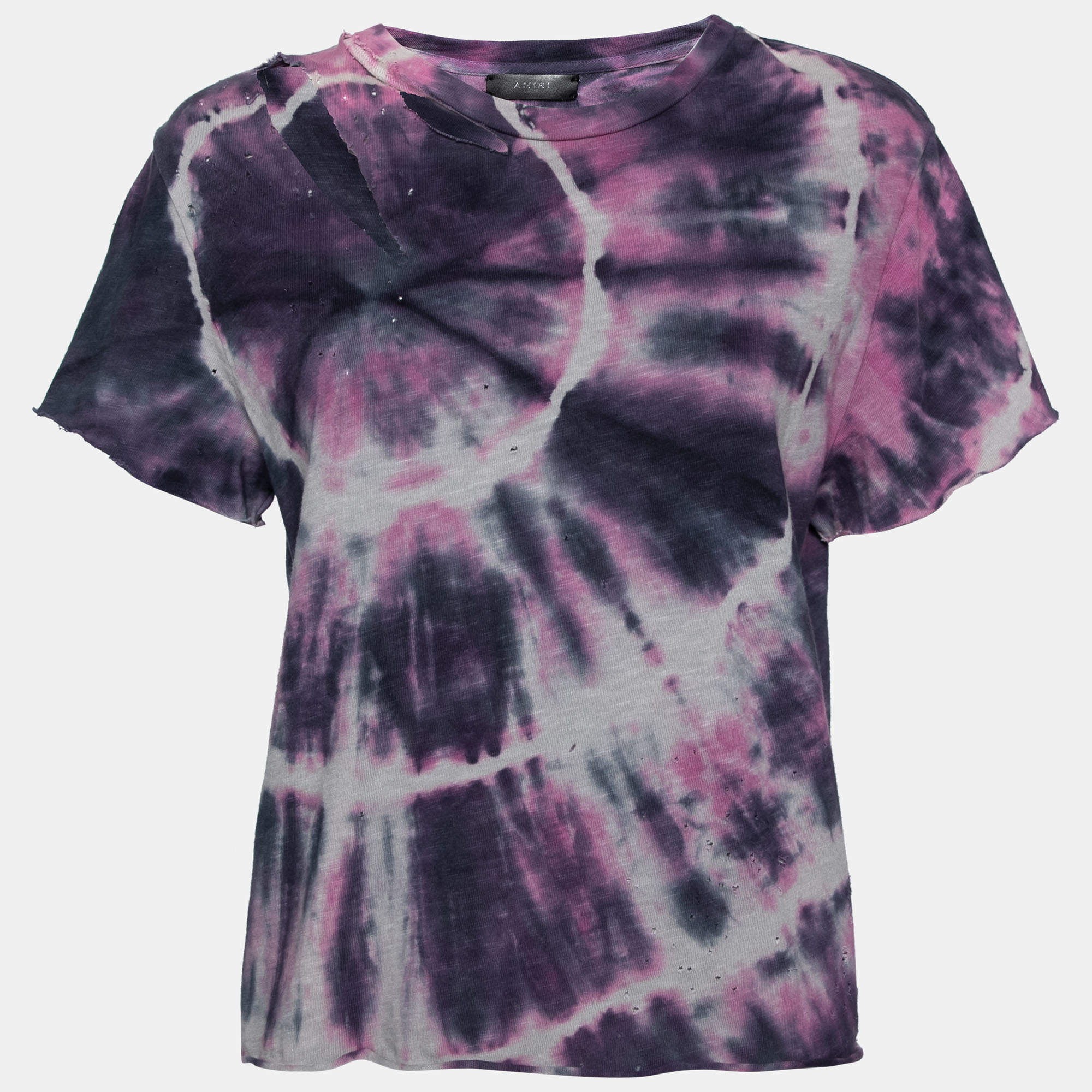 Amiri Purple Tie Dye Printed Cotton Distressed Crew Neck Top L
