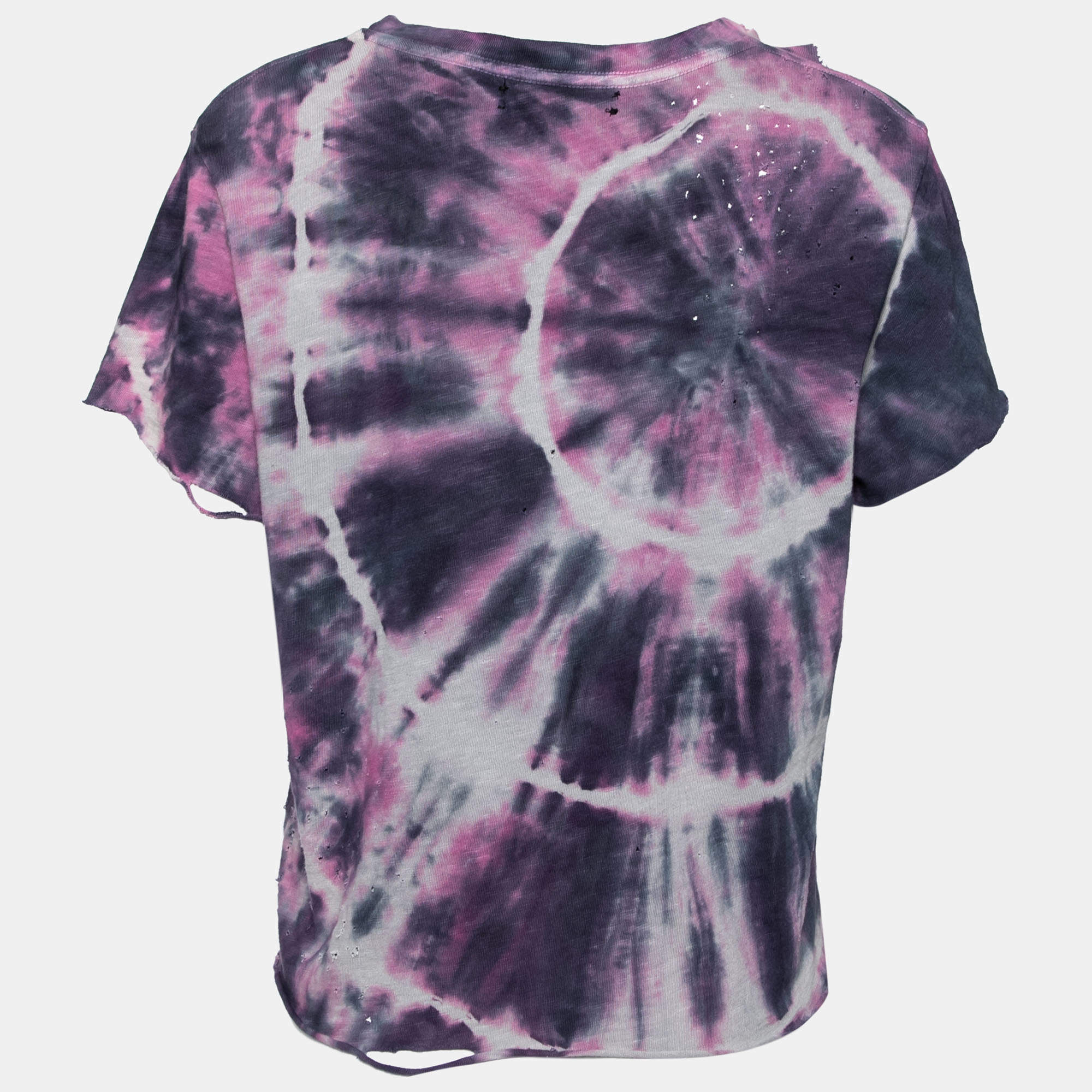 Amiri Purple Tie Dye Printed Cotton Distressed Crew Neck Top L