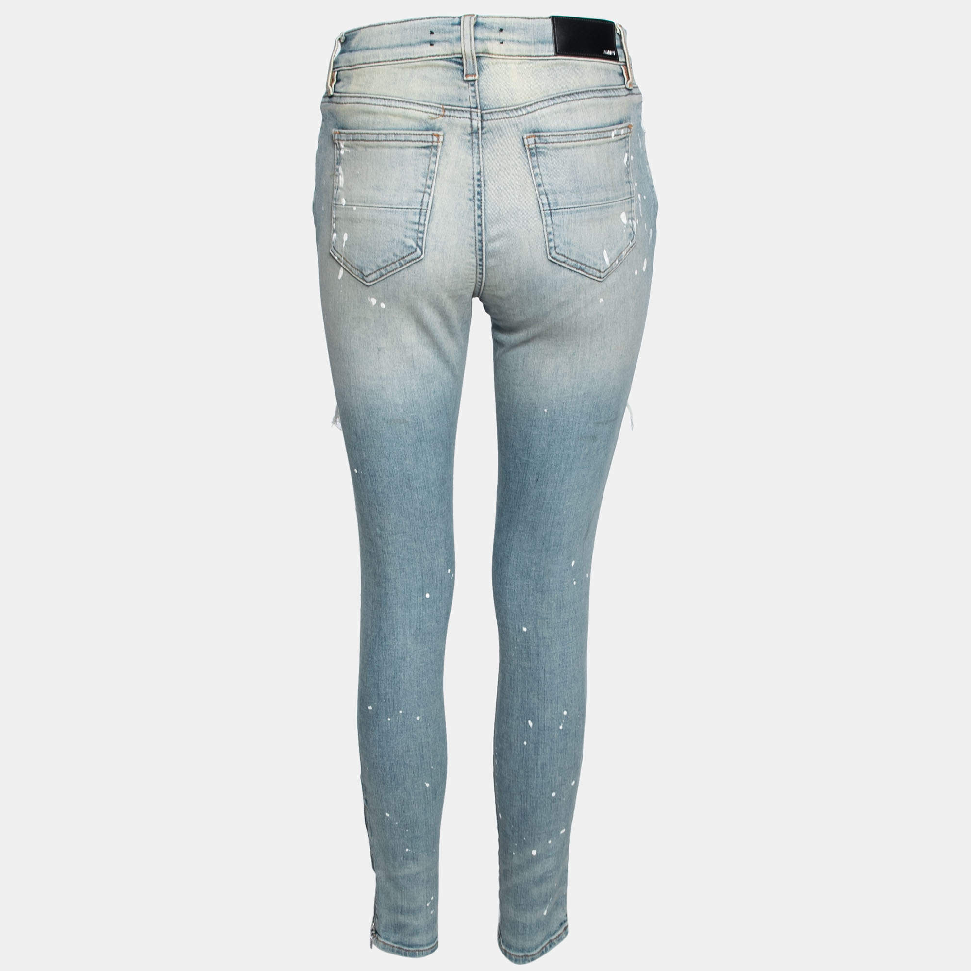 Amiri Blue Distressed Denim Crystal Embellished Inset Detail