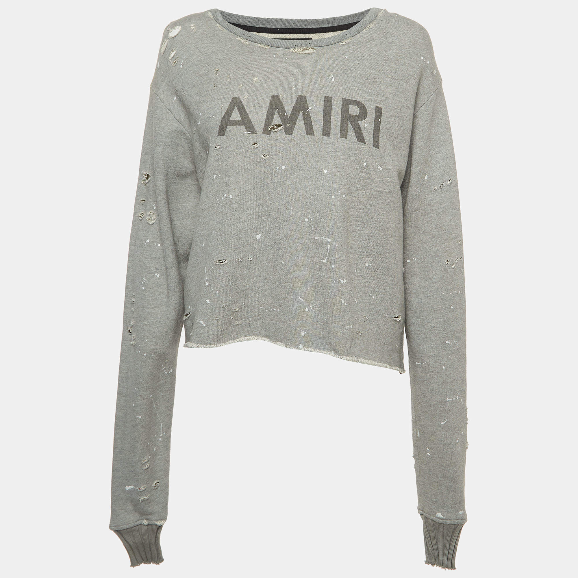 Pre Owned Amiri Grey Distressed Knit Logo Sweatshirt S