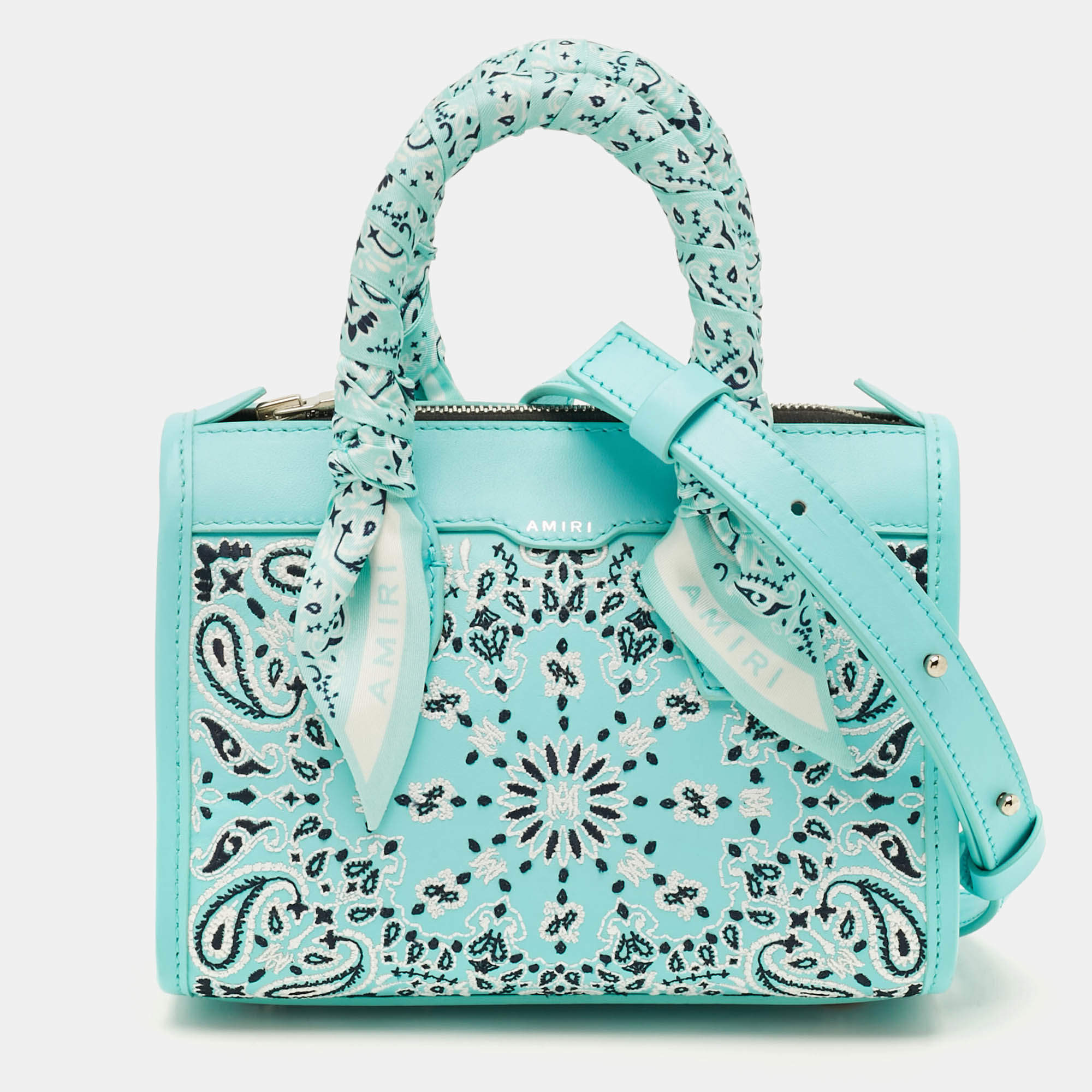 Pre Owned Amiri Bandana Turquoise Blue Leather Satchel