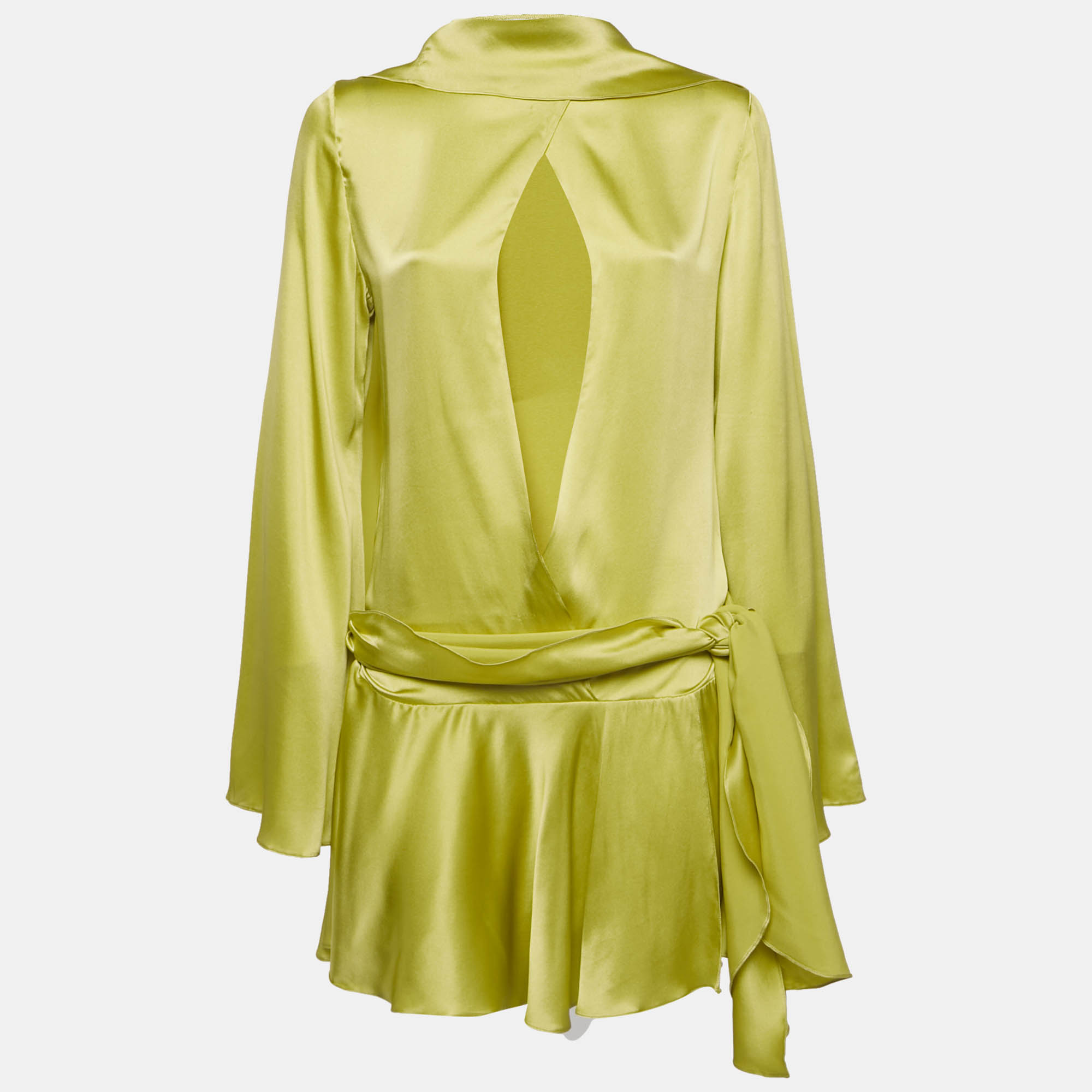 Pre Owned Amrhea Green Silk Satin Draped Mini Dress S