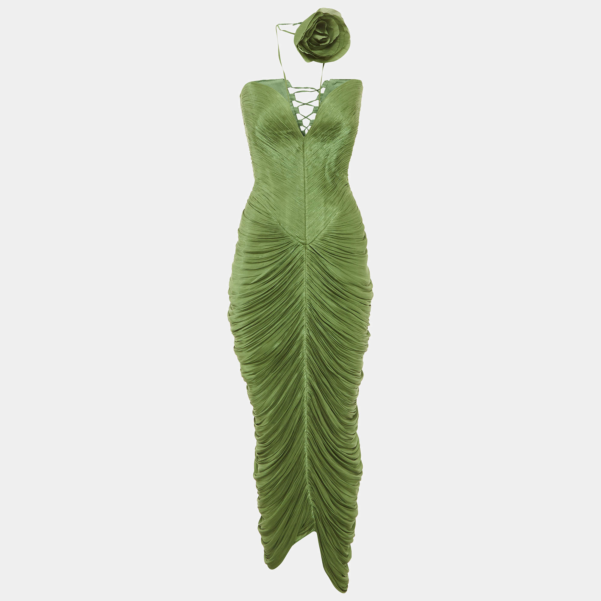 مملوكة مسبقًا فستان أنا رادو حرير أخضر مزين بورود مُطَّوَى بدون حمالات صغير