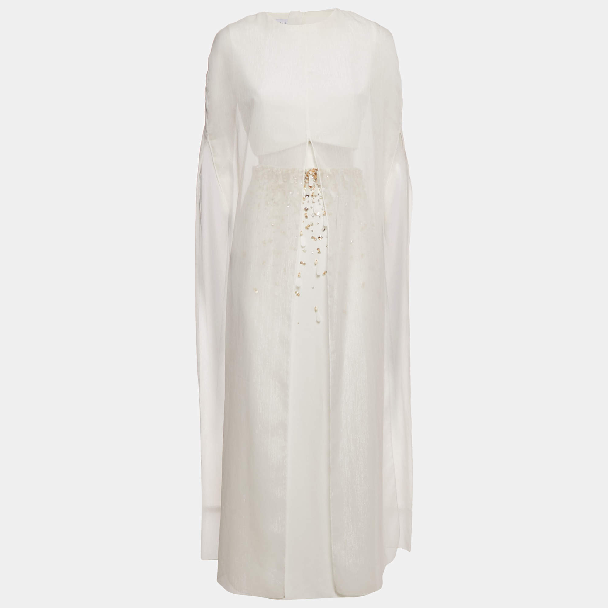 Pre Owned طقم أناتومي أبيض كريب مطرز قميص طويل وتنورة مقاس صغير (سمول)