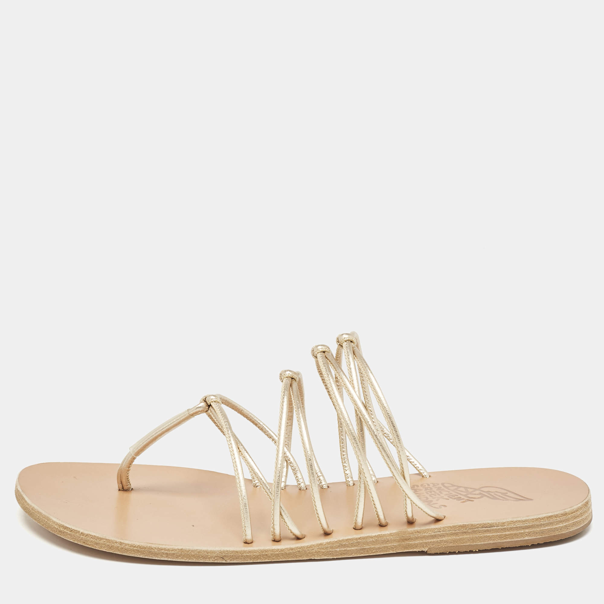 Pre Owned Ancient Greek Sandals Gold Leather Thong Flat Slides Size 41