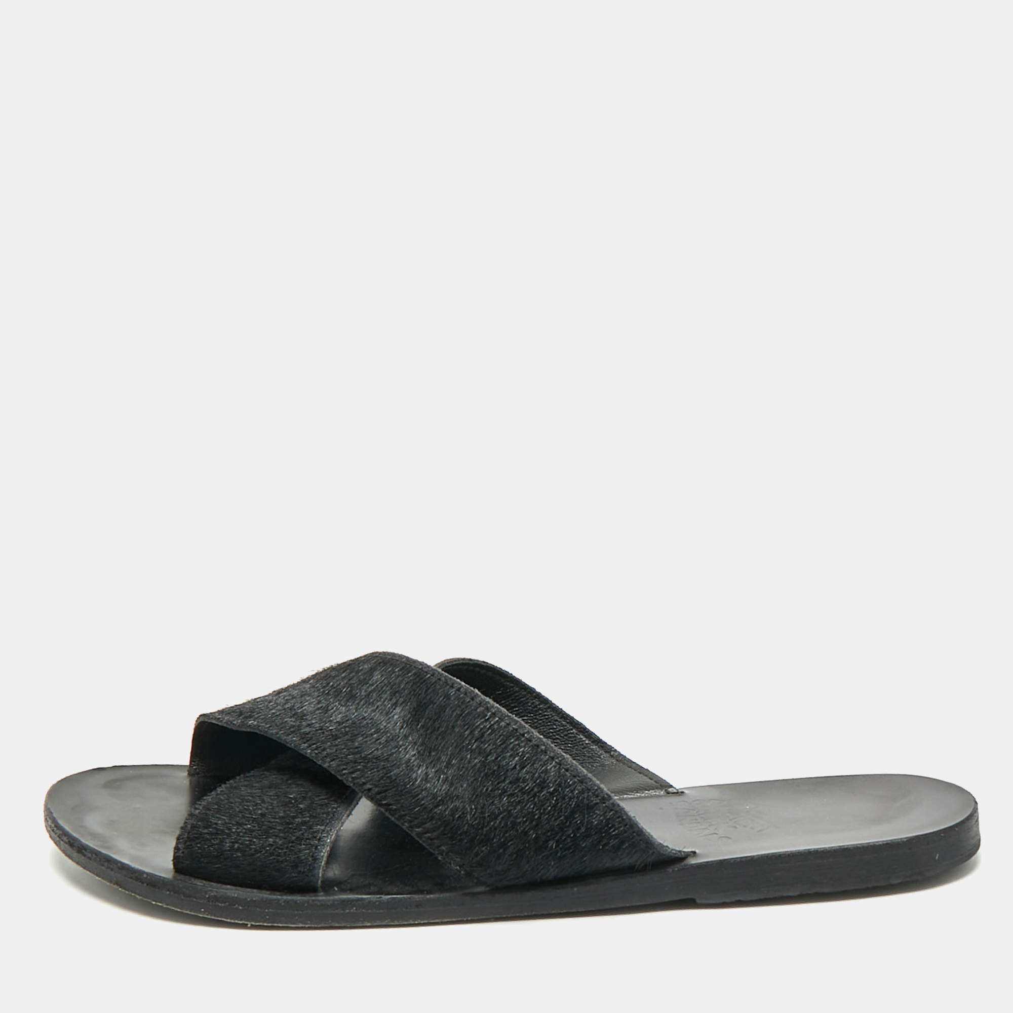 Ancient Greek Sandals Black Calf Hair Crisscross Flat Slides Size 40