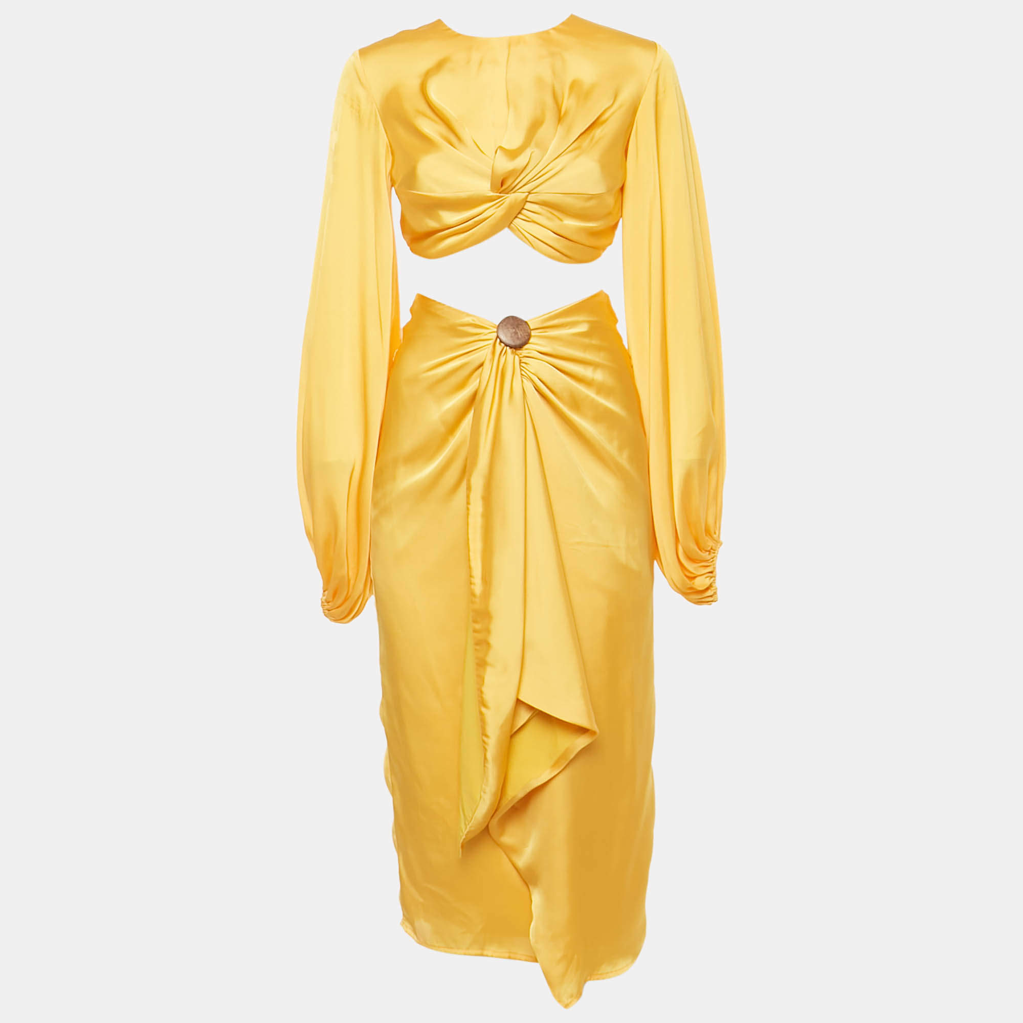 Pre Owned Andrea Iyamah Yellow Satin Draped Behati Crop Top and Skirt Set XS