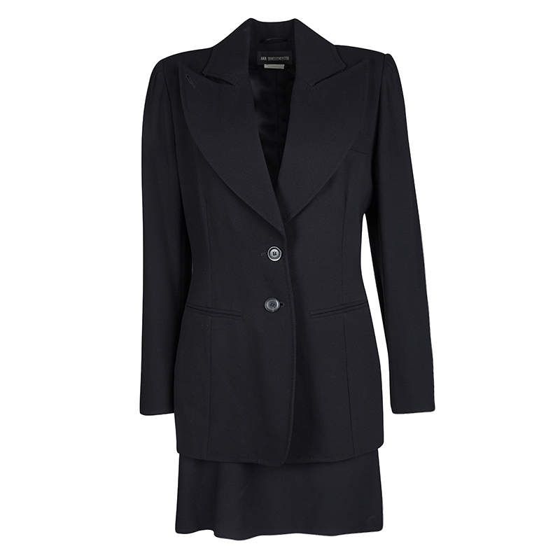 Ann Demeulemeester Black Textured Wool Blazer and Skirt Set M