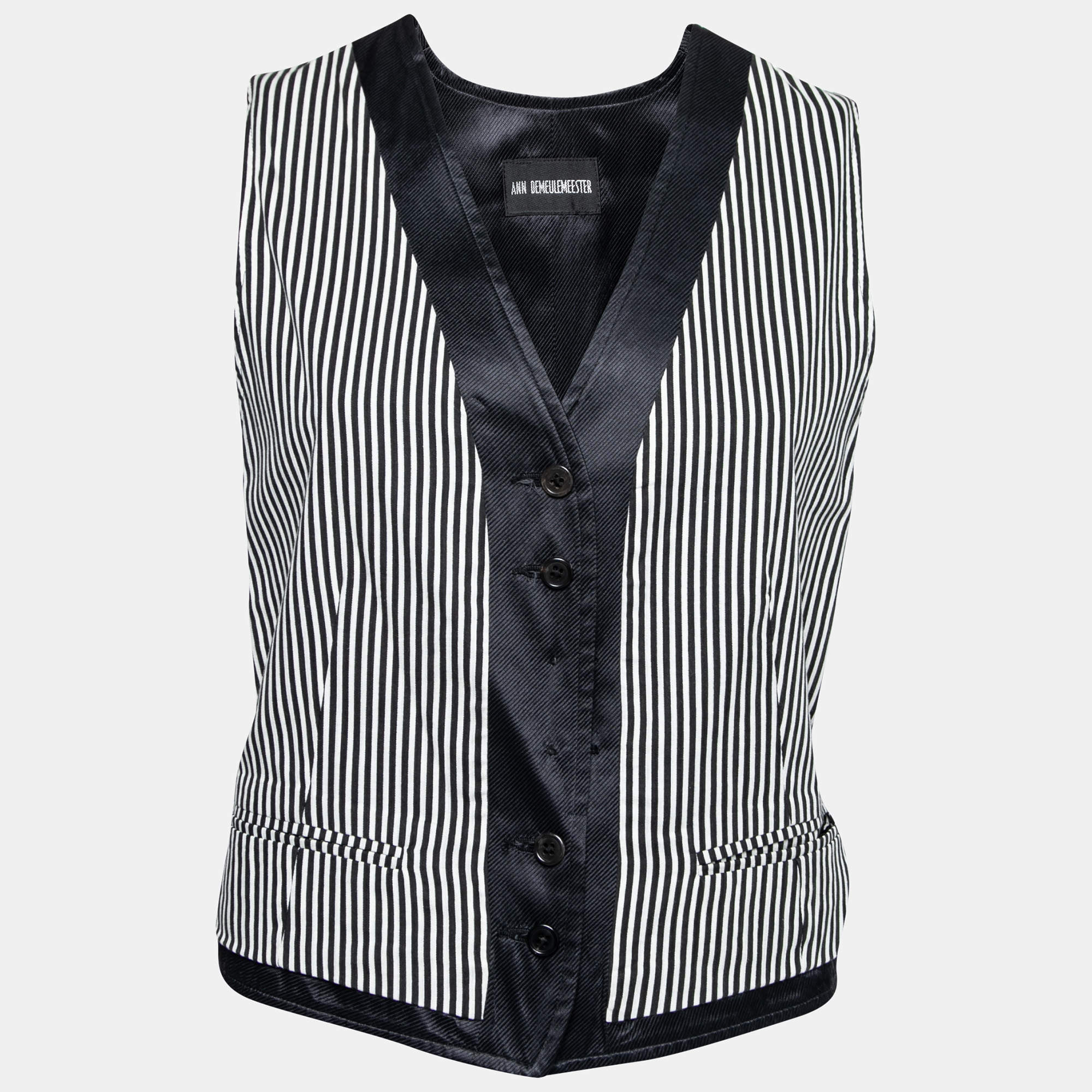 Ann Demeulemeester Navy Blue and White Striped Cotton Blend Waistcoat L