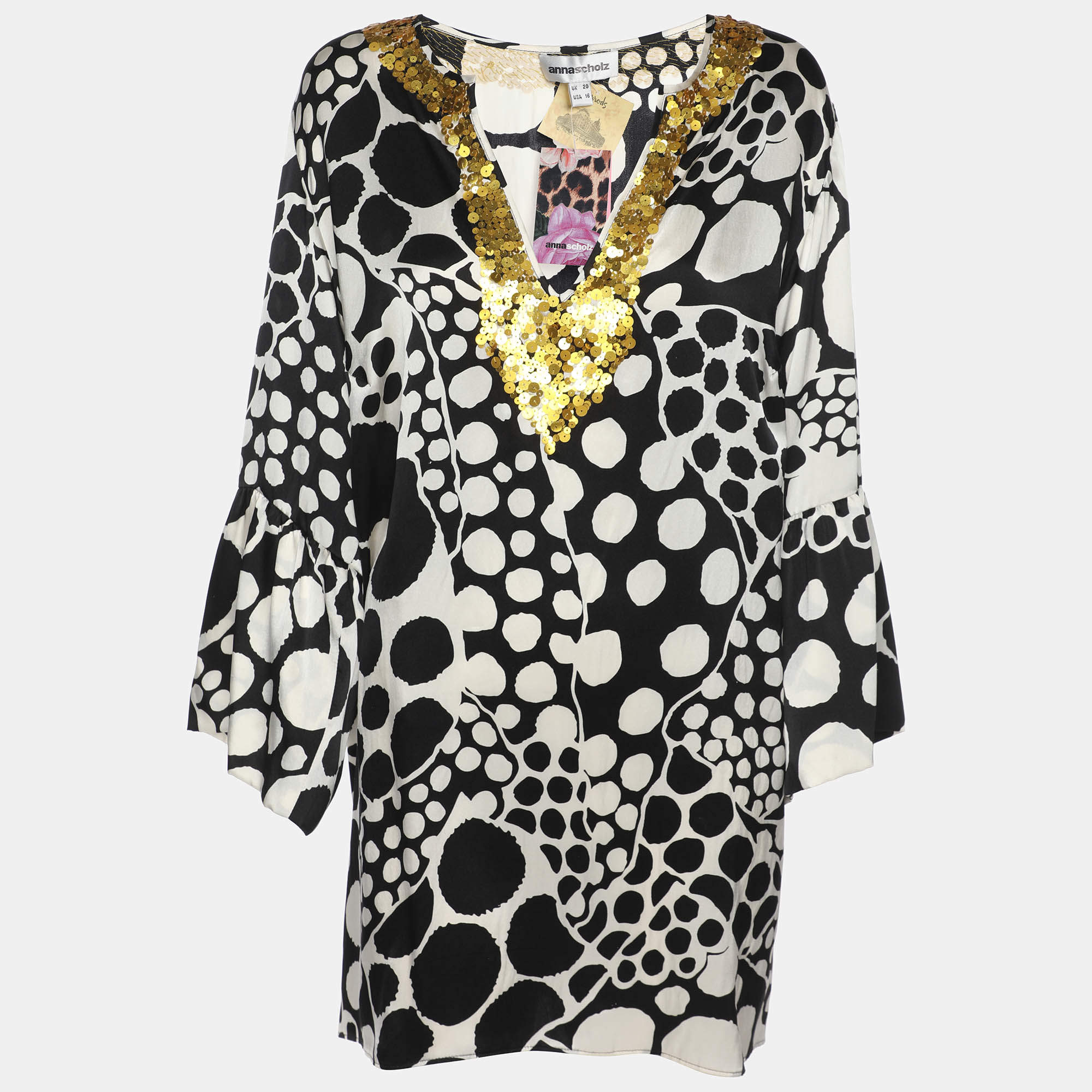 Pre Owned Anna Scholz Black/White Printed Satin Silk Sequin Kaftan XL