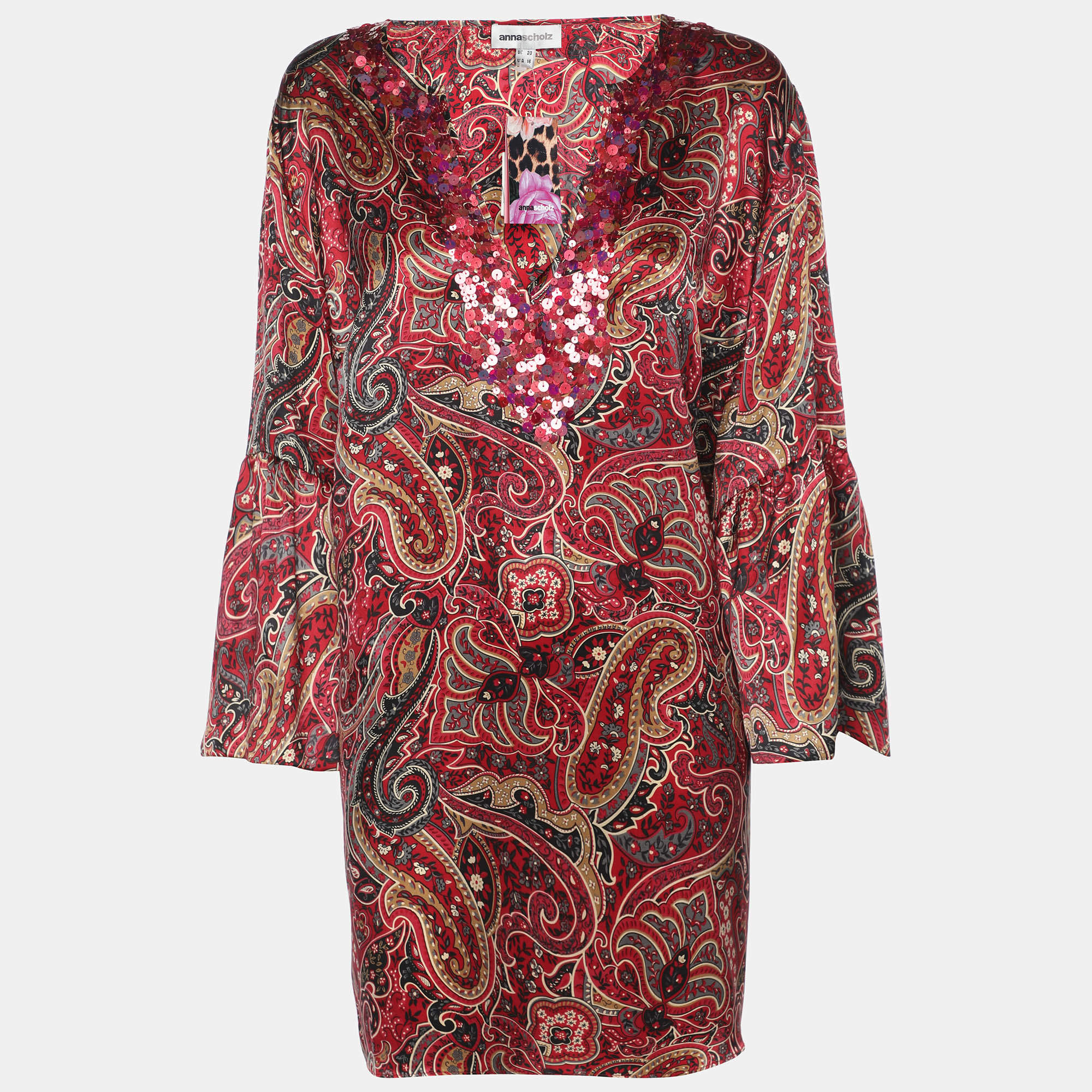 Pre Owned Anna Scholz Red Printed Satin Sequin Embellished Tunic XL
