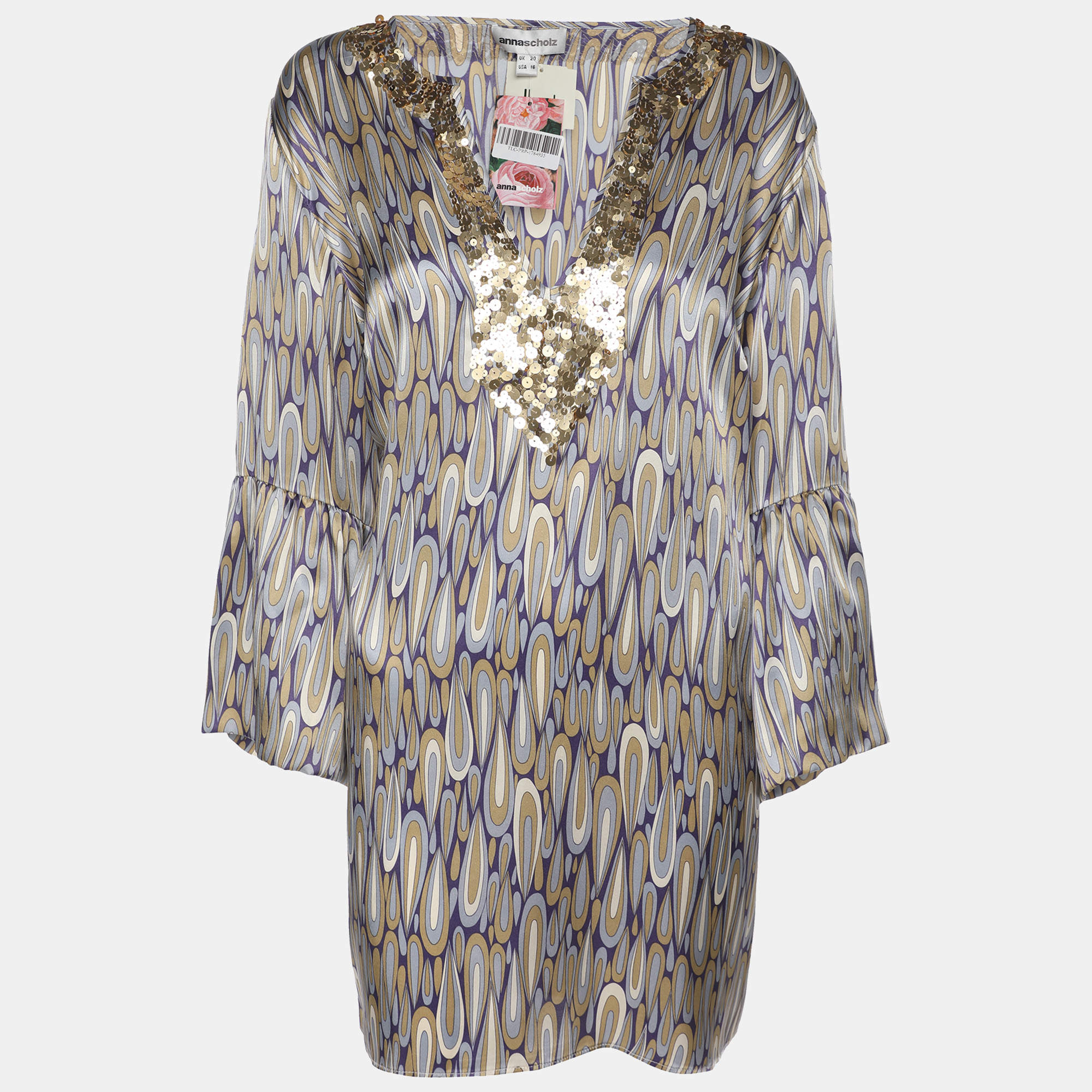 Pre Owned Anna Scholz Multicolor Satin Sequin Embellishment Wide Sleeve V Neck Tunic XL
