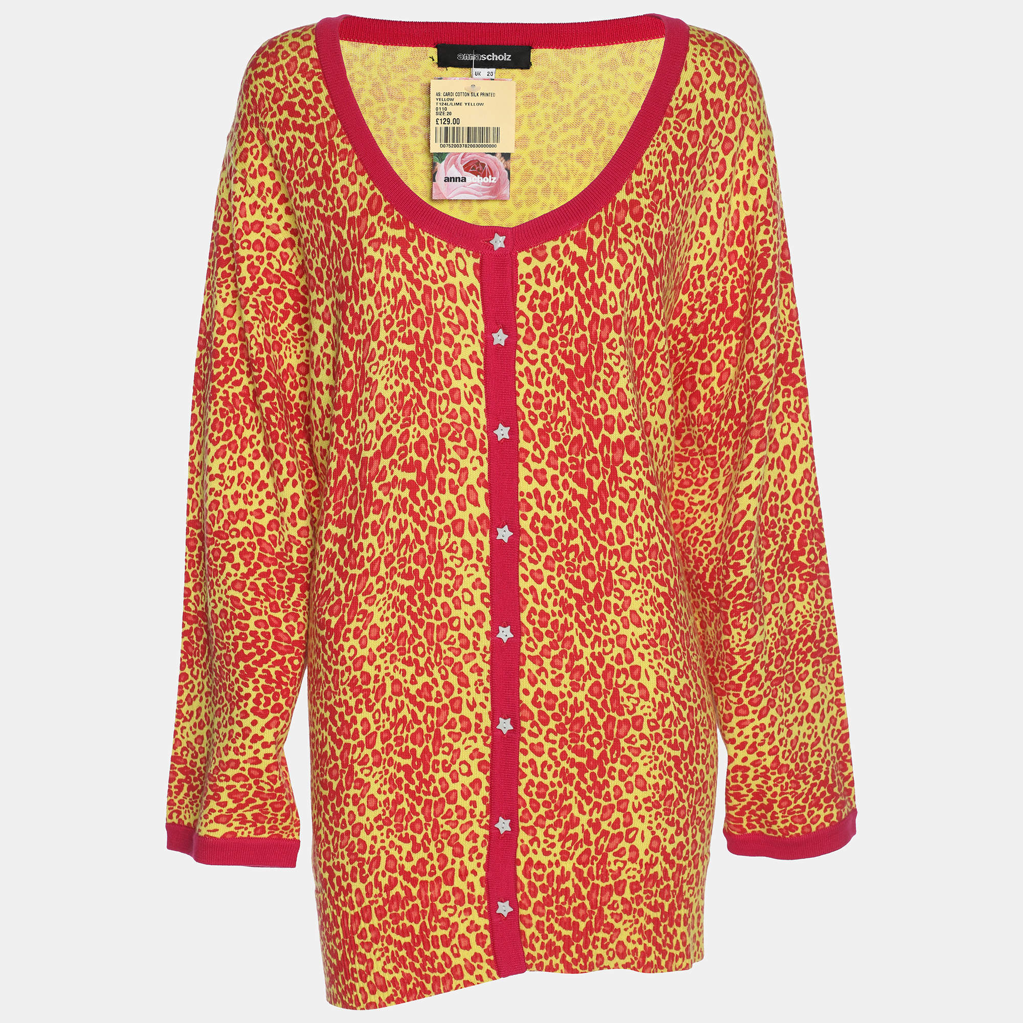 Pre Owned Anna Scholz Red/Yellow Animal Print Jersey Cardigan XL