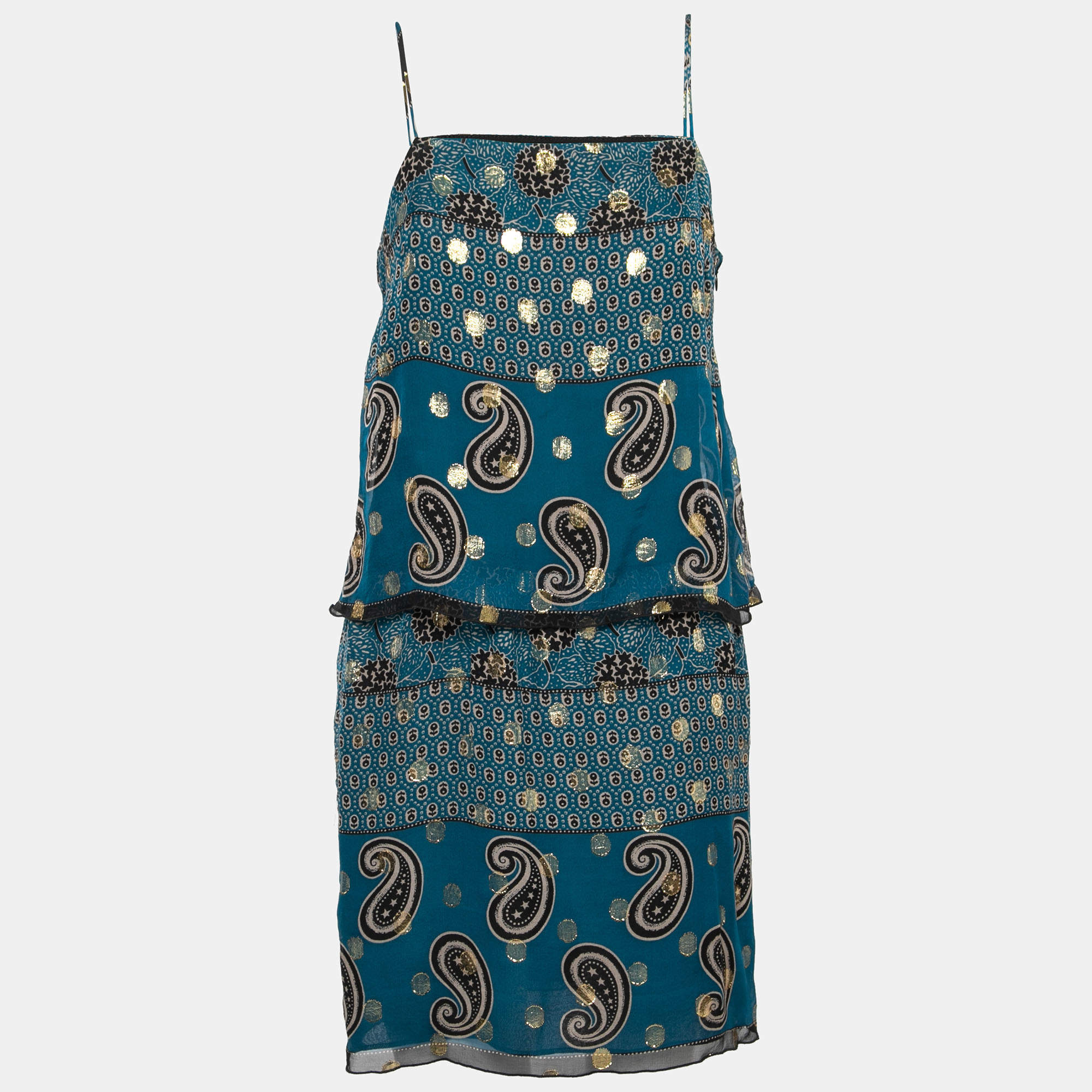 Pre Owned Anna Sui Teal Blue Paisley Print Chiffon Lurex Insert Strappy Dress M