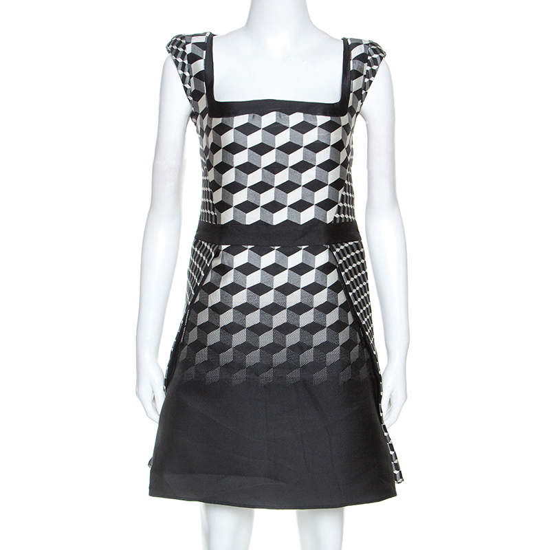 Antonio Berardi Monochrome Geometric Patterned Jacquard Silk Mini Dress M