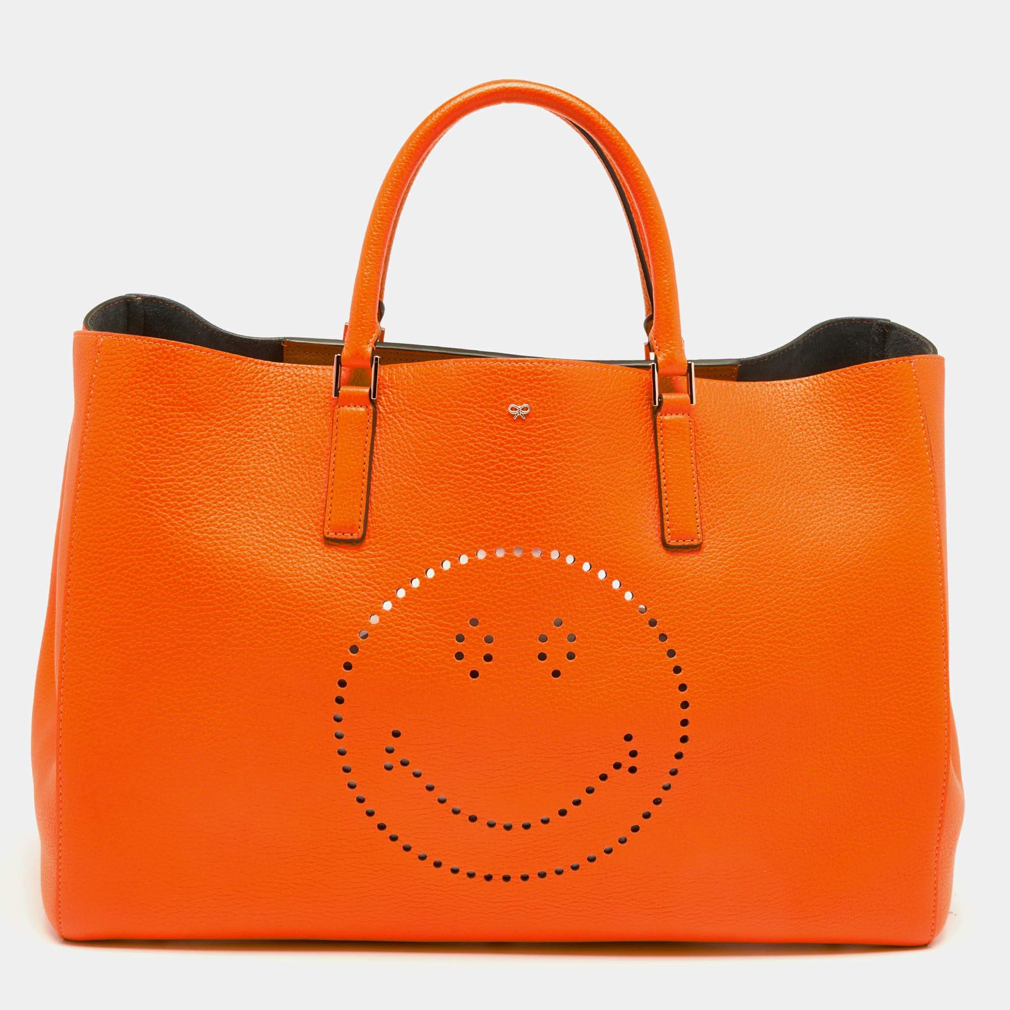 Anya Hindmarch Neon Orange Leather Featherweight Smiley Ebury Tote