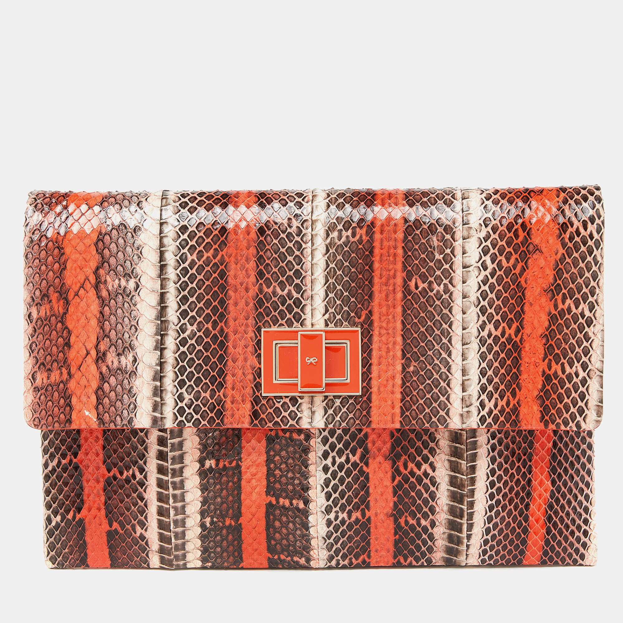 Pre Owned Anya Hindmarch Orange Snakeskin Flap Pouch