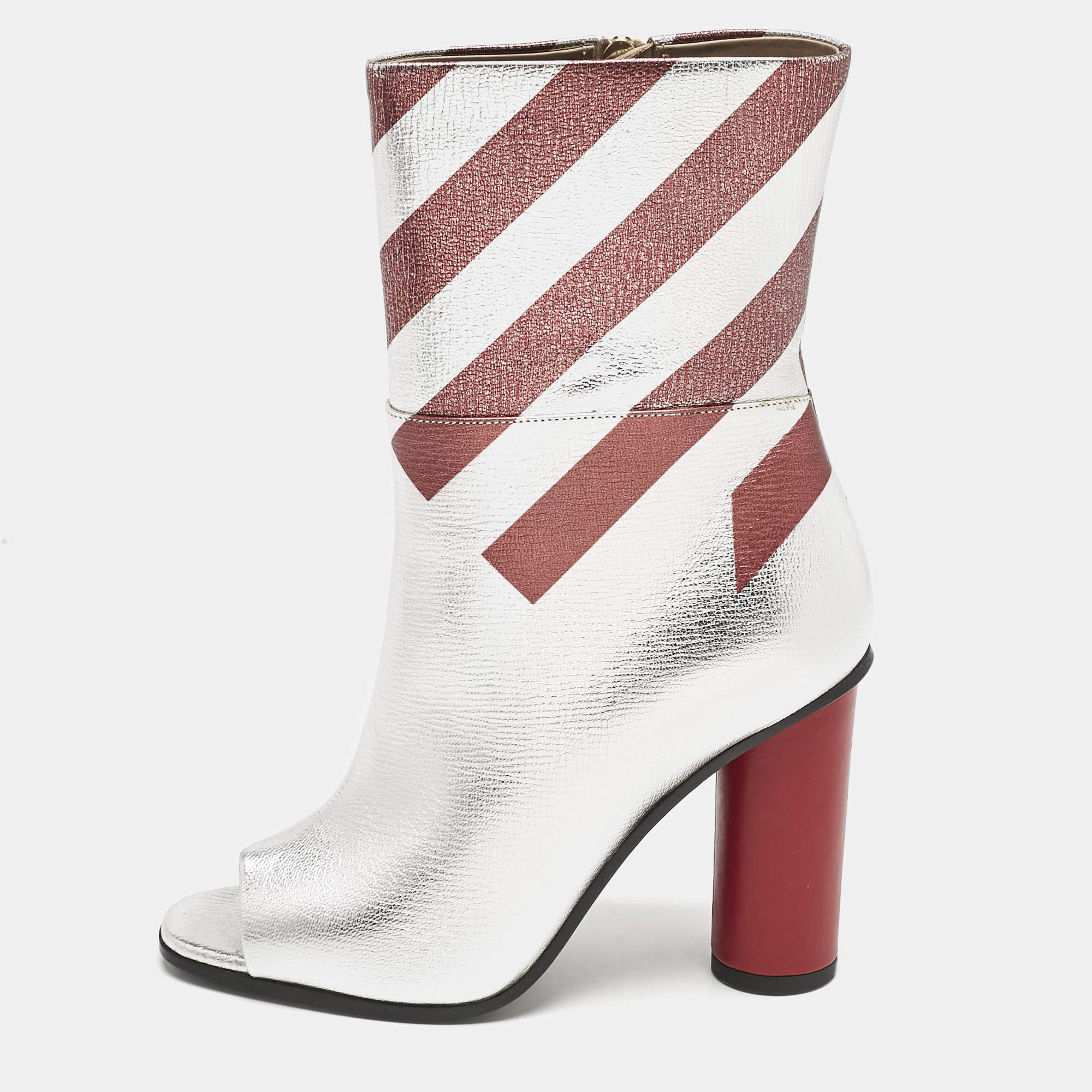 Anya Hindmarch Silver/Burgundy Stripe Leather Peep Toe Ankle Boots Size 37