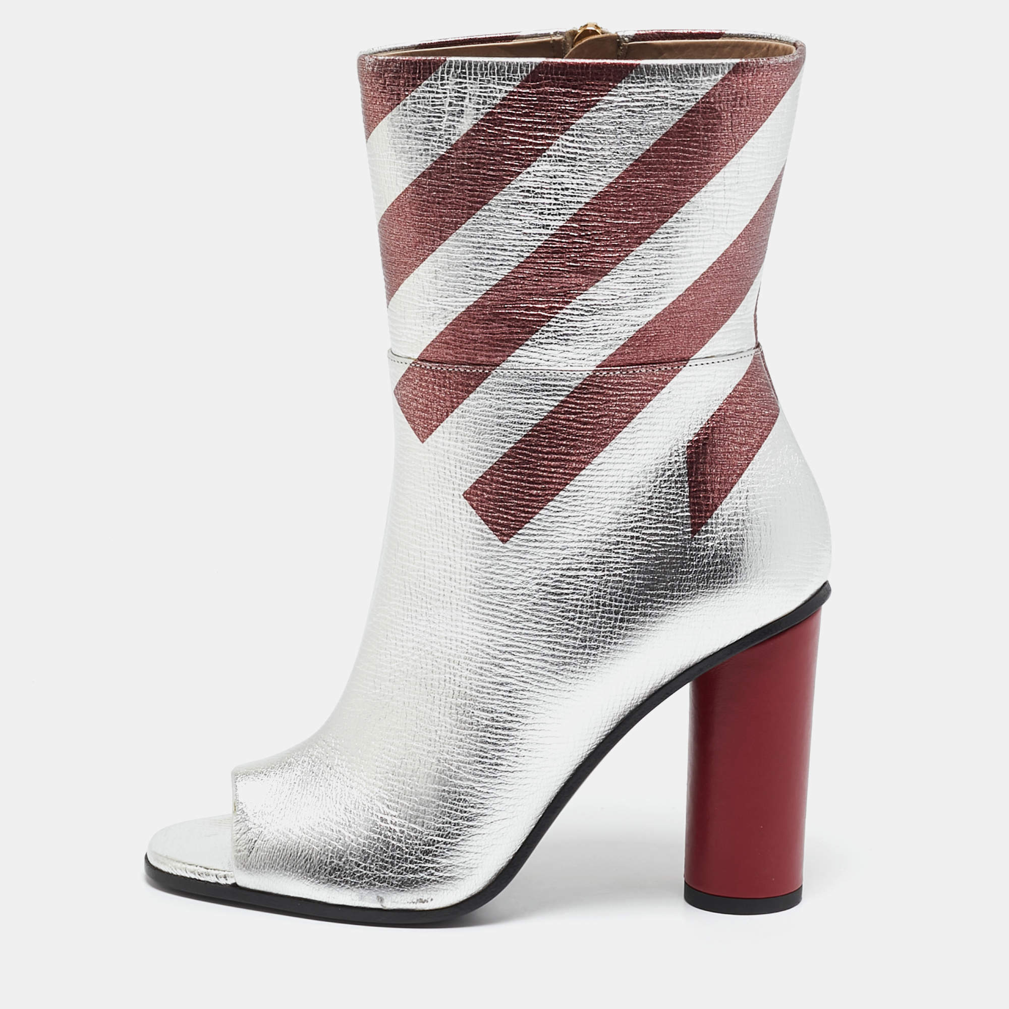 Pre Owned Anya Hindmarch Silver/Burgundy Stripe Leather Peep Toe Ankle Boots Size 38