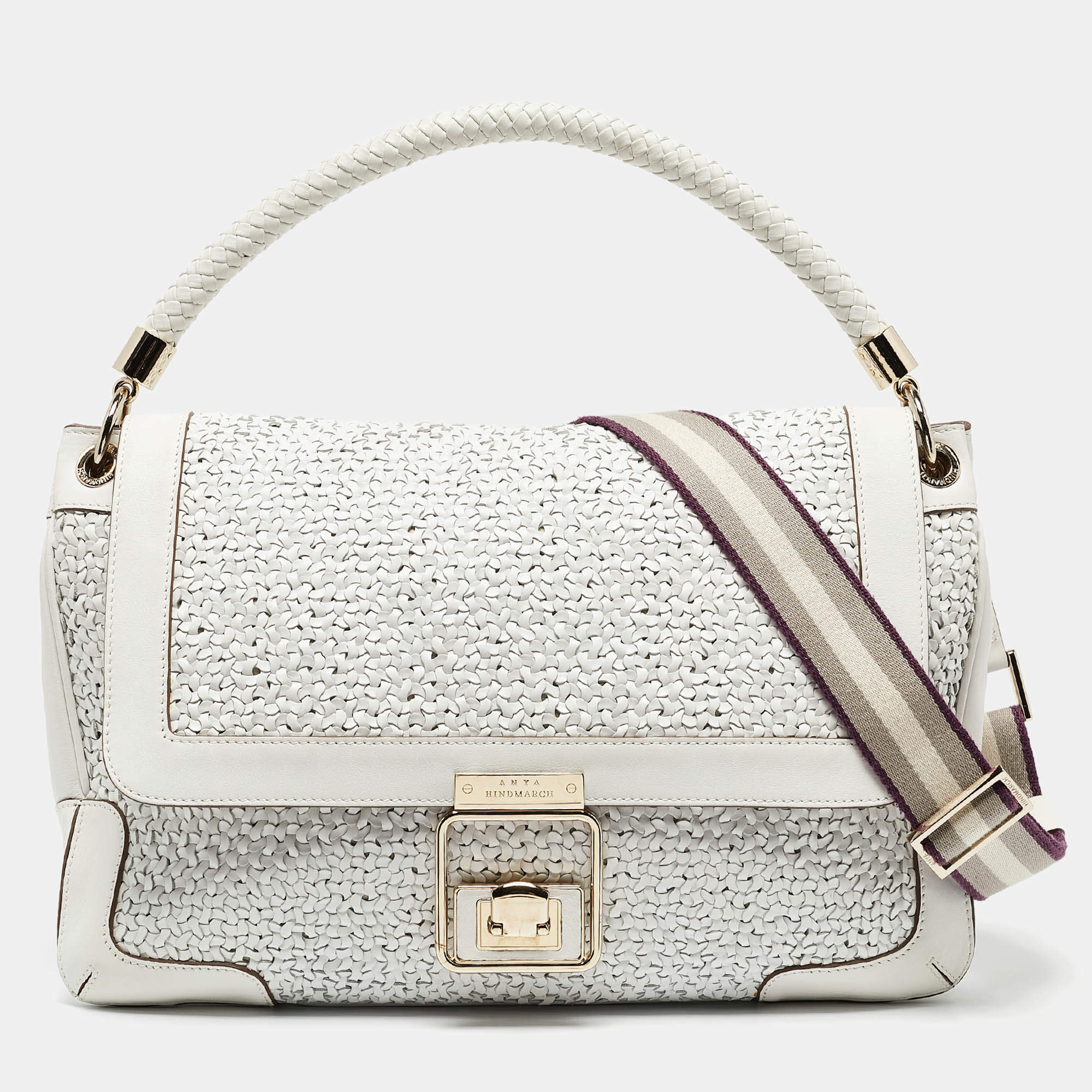 Pre Owned Anya Hindmarch White Woven Leather Flap Top Handle Bag