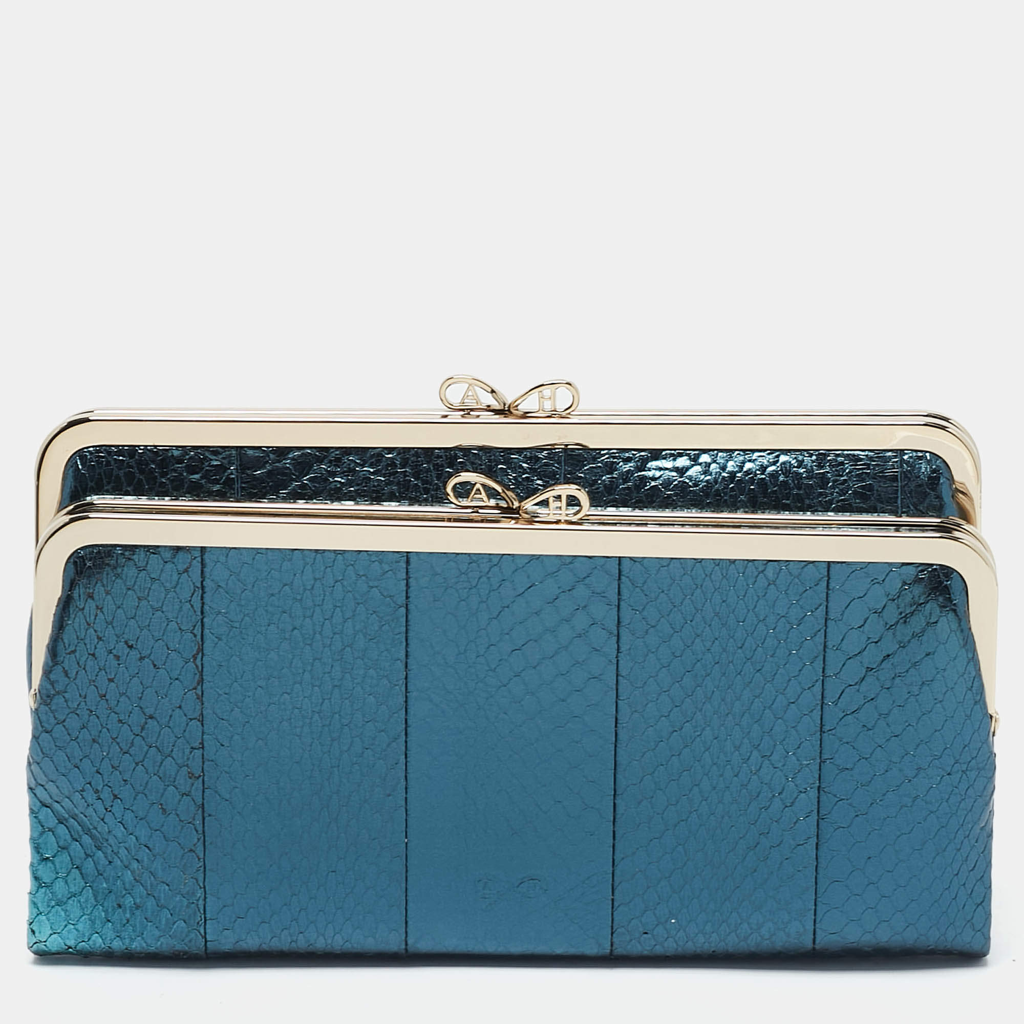 Anya Hindmarch Metallic Blue Watersnake Double Frame Clutch