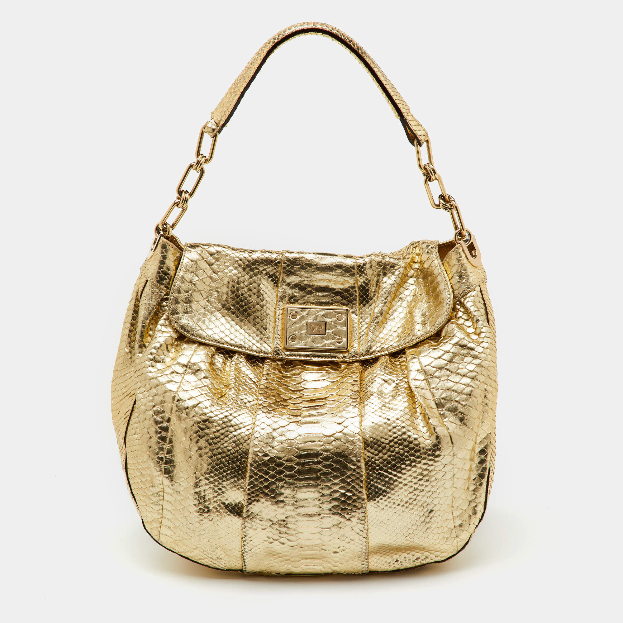 Anya Hindmarch Metallic Gold Python Flap Shoulder Bag