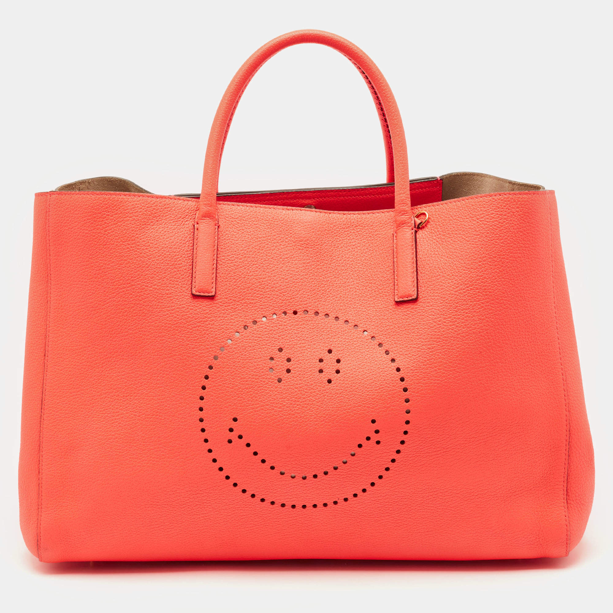 Pre Owned Anya Hindmarch Neon Orange Leather Featherweight Smiley Ebury Tote