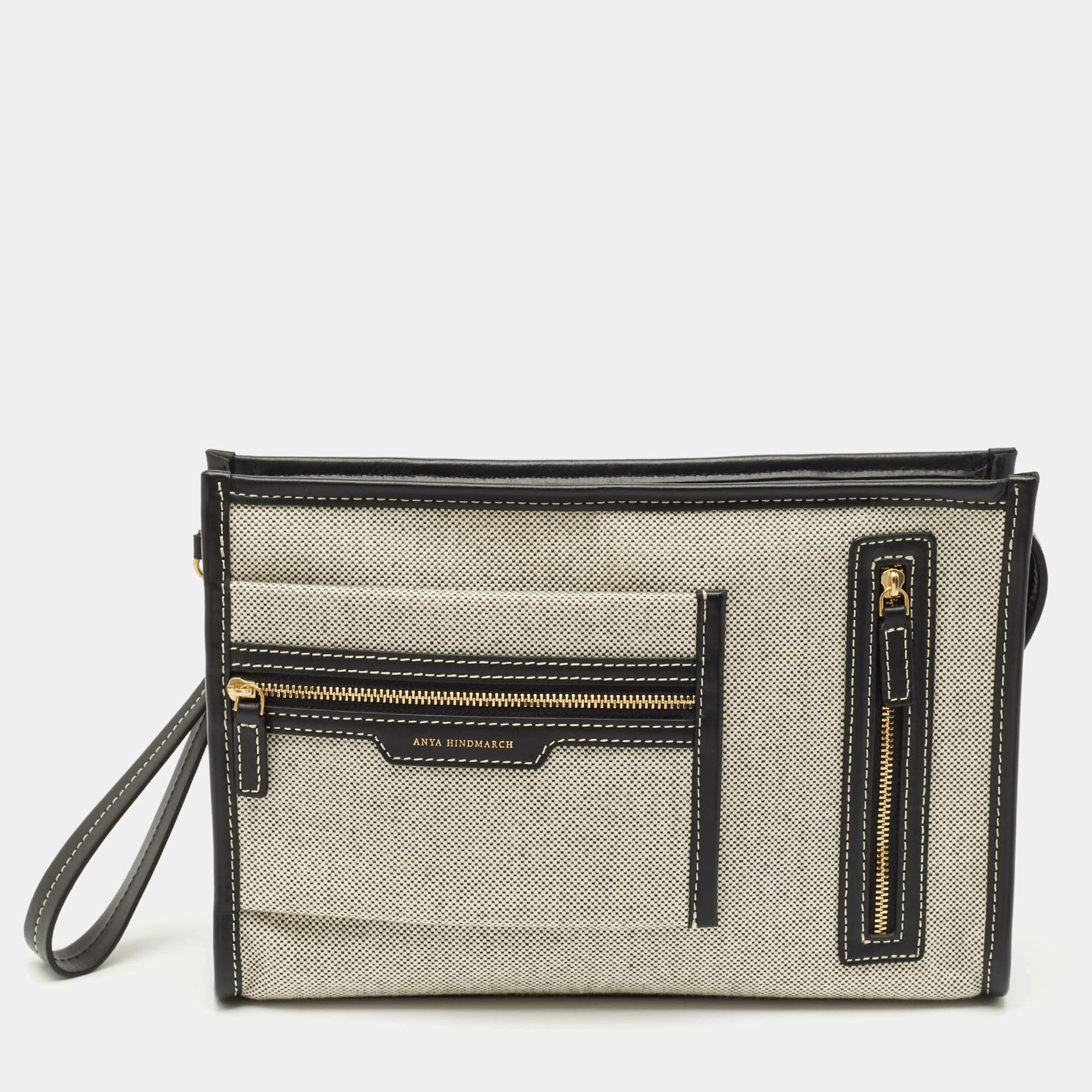 Pre Owned Anya Hindmarch Salt And Pepper Mixed Canvas Pocket Pochette 